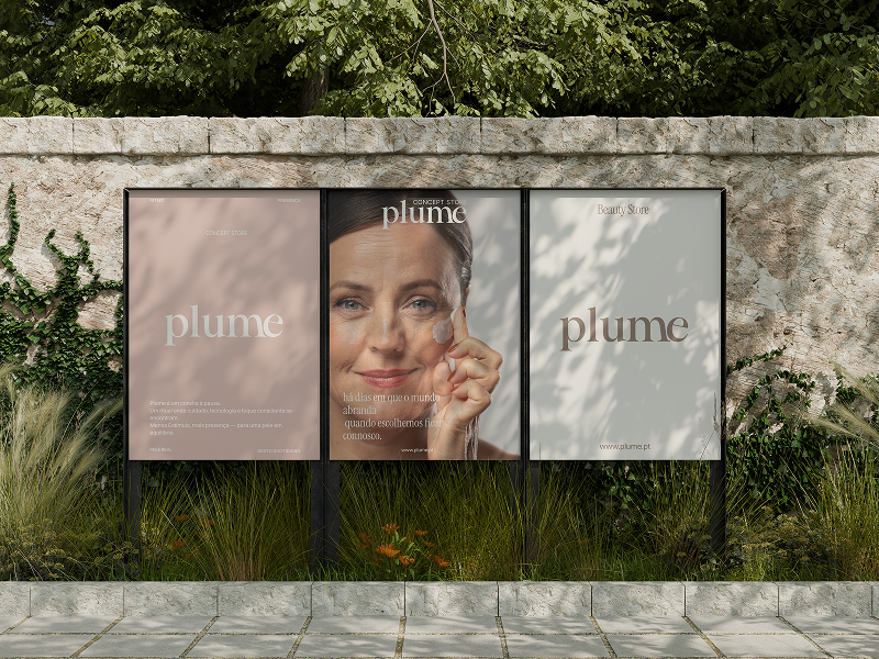 Plume Beauty outdoor advertising campaign mockup featuring three minimalist posters with elegant serif typography, soft neutral colours and an editorial beauty portrait, displayed against a natural stone wall.
