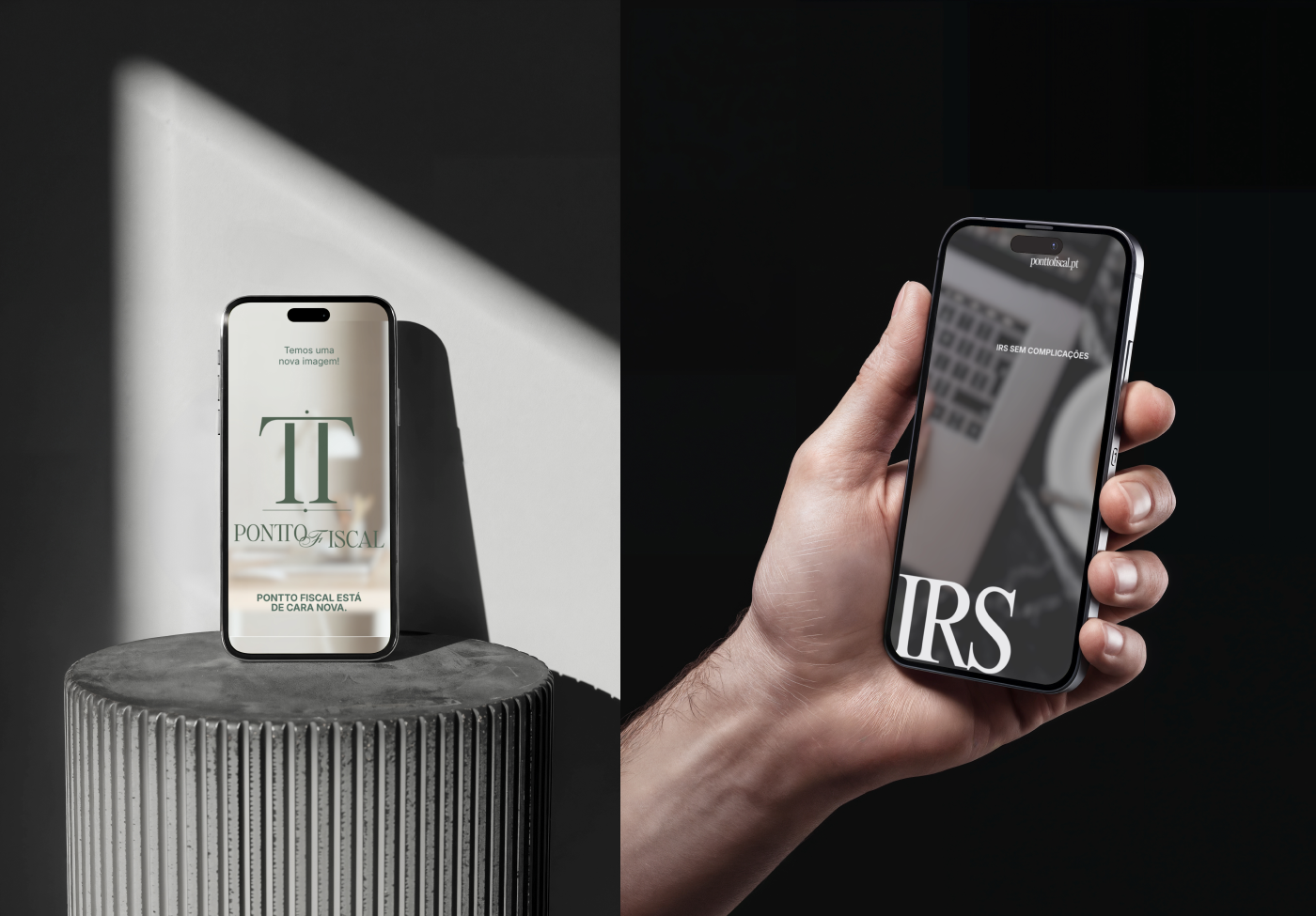 Pontto Fiscal social media branding displayed on two smartphone mockups, featuring the new TT monogram, dark green typography, and minimalist Instagram designs promoting the brand identity and IRS services.