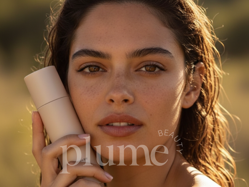 Editorial beauty photograph featuring a woman holding a skincare product, overlaid with Plume Beauty's elegant serif wordmark and curved typography, showcasing the brand identity by Out of Form Studio.