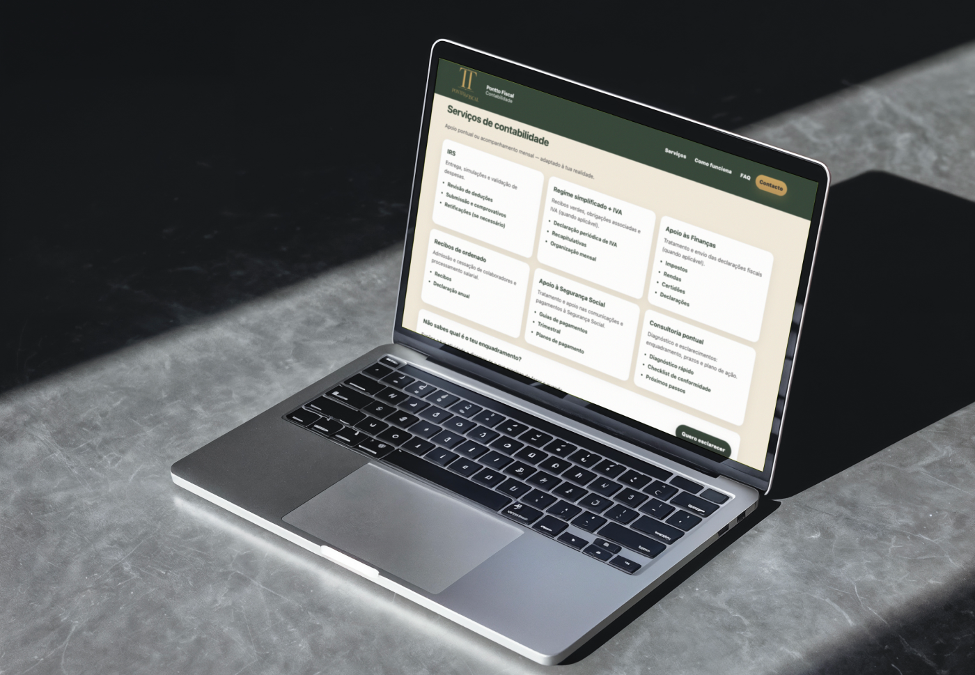 Pontto Fiscal accounting website displayed on a laptop, featuring a modern services page with dark green branding, minimalist typography, and organized service cards for tax and accounting support.