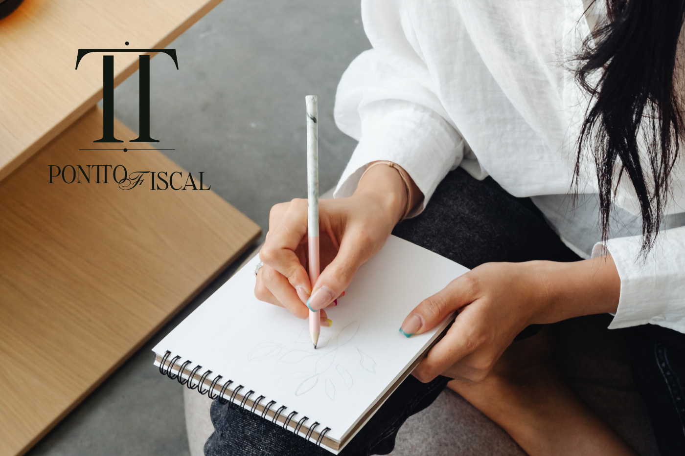 Pontto Fiscal brand identity featuring a dark green TT monogram and elegant serif logotype over a lifestyle photograph of a woman sketching in a notebook, designed by Out of Form Studio.