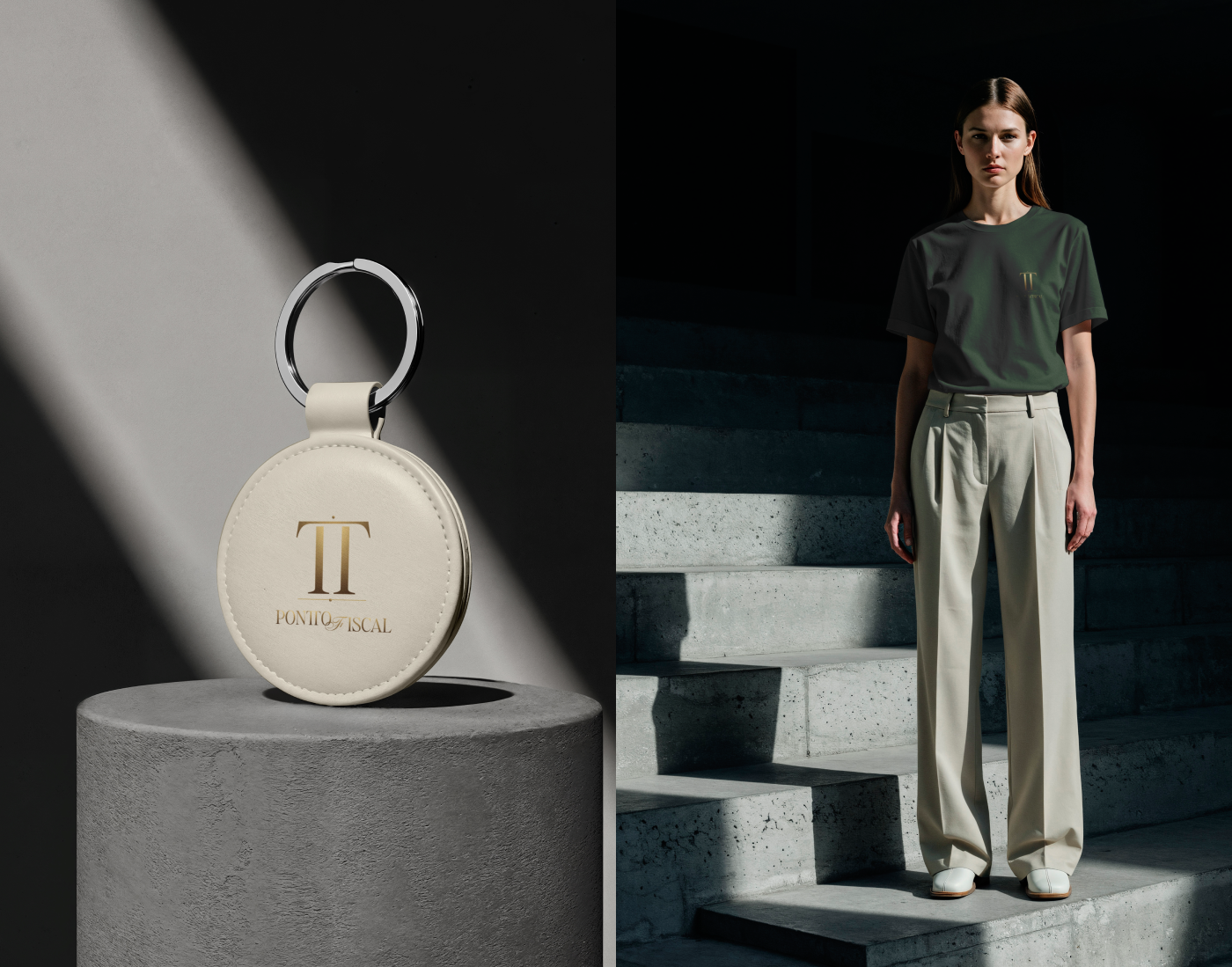 Pontto Fiscal branded merchandise featuring a cream leather keychain with a gold TT monogram and a dark green T-shirt with an embroidered-style logo, showcasing the visual identity designed by Out of Form Studio.