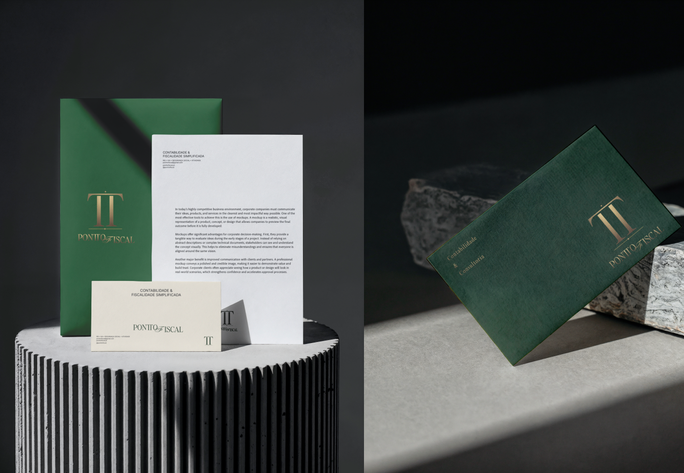 Pontto Fiscal corporate stationery branding featuring a green presentation folder, minimalist letterhead, cream envelope, and dark green business card with a metallic gold TT monogram. Brand identity designed by Out of Form Studio.