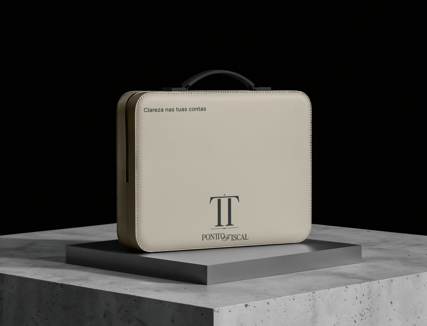 Pontto Fiscal brand identity mockup featuring a minimalist cream briefcase with a dark green TT monogram, elegant logotype, and Portuguese brand slogan, designed by Out of Form Studio.