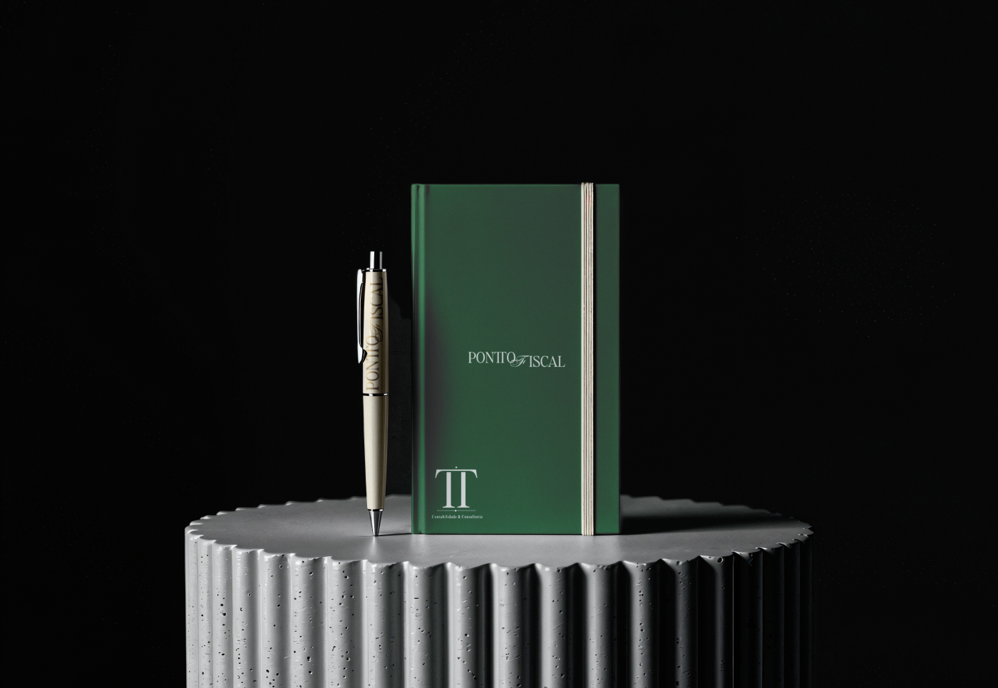 Pontto Fiscal branded stationery featuring a dark green hardcover notebook with a minimalist TT monogram and elegant logotype, paired with a personalized metallic pen. Brand identity designed by Out of Form Studio.