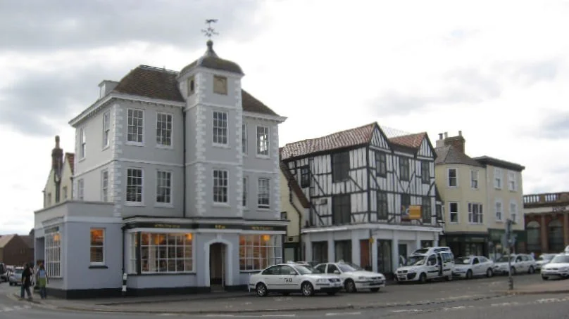 Market Square in Bicester town centre on a bright day, Oxfordshire