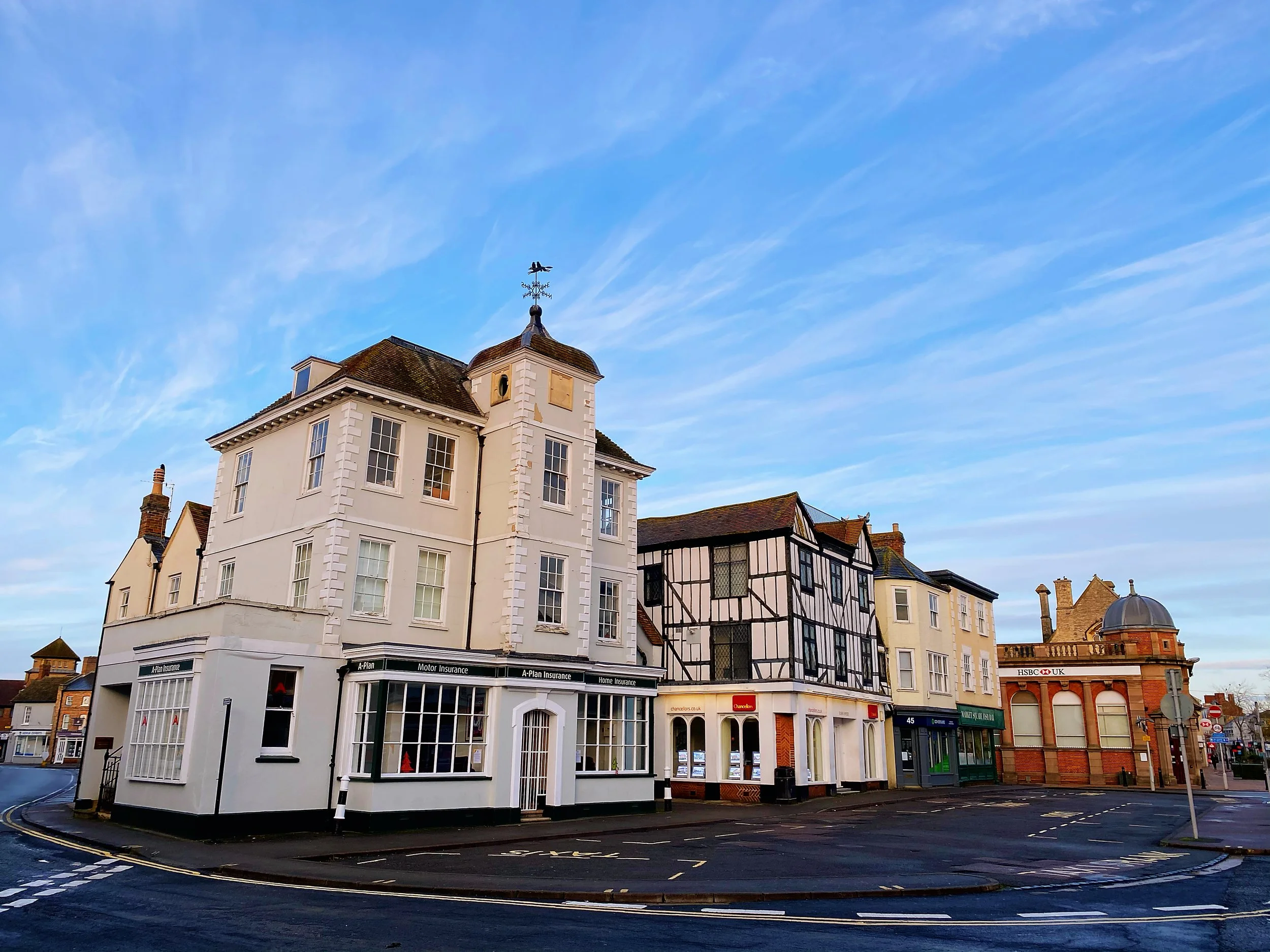 Bicester Market Square with historic buildings in the town centre, Oxfordshire