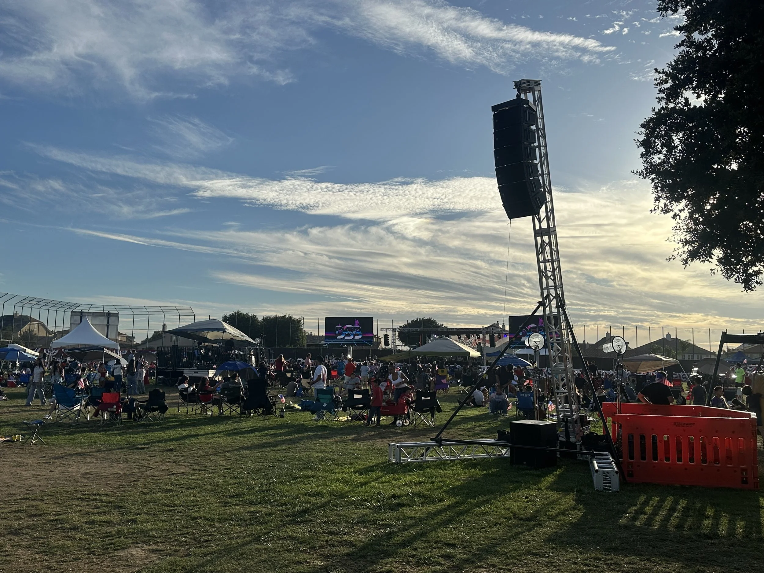 Professional line array delay tower installed by T-REV PRO to provide distributed audio coverage throughout the City of Eastvale's America250 Fourth of July Festiva