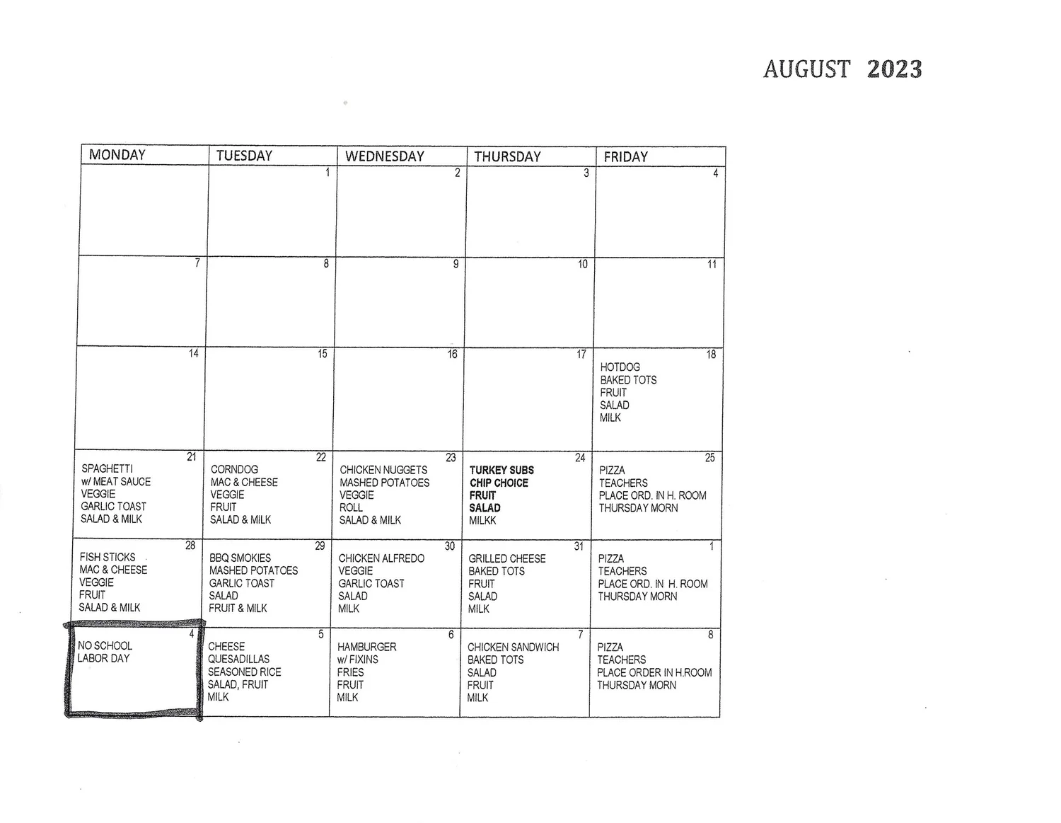 Lunch Calendar — Bethel Christian School