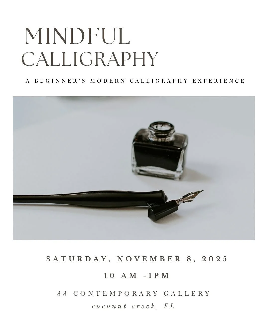Elevate your holiday season with a slow, intentional moment of beauty. ✨

Join us for Mindful Calligraphy workshop, a creative escape at the elegant @33contemporary gallery thoughtfully designed to inspire creativity, cultivate mindfulness, and meani