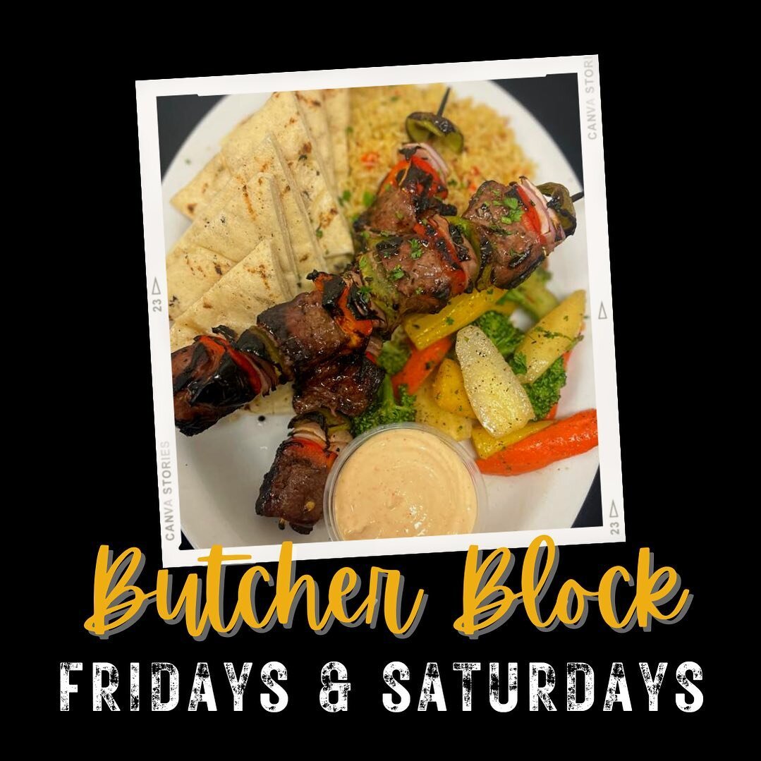 Our July butcher block is making us feel all of those fresh summer vibes!

Every Fri + Sat from 5-10, enjoy Barney's steak kabob for $26 - two grilled beef filet kabobs with peppers, onions, lemon rice pilaf, market veg, and a buttered pita from Happ