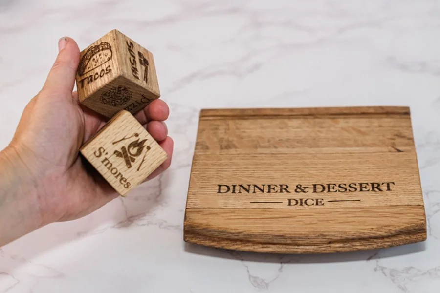 Dinner & Dessert Dice, Made From Reclaimed Whiskey Barrels, Personalizable, FREE US SHIPPING