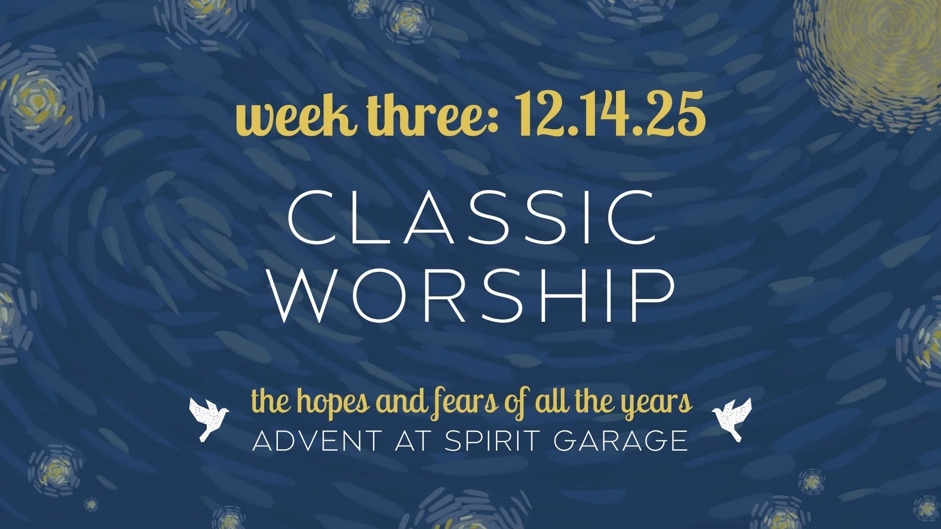 Advent week 3: Joy
Our Advent Theme is &ldquo;The Hopes and Fears of All the Years.&rdquo; This week we will focus on Joy by looking at the story of Mary (Luke 1:26-38). When does joy take us by surprise? Do not fear!

p.s. the Spirit Garage Christma