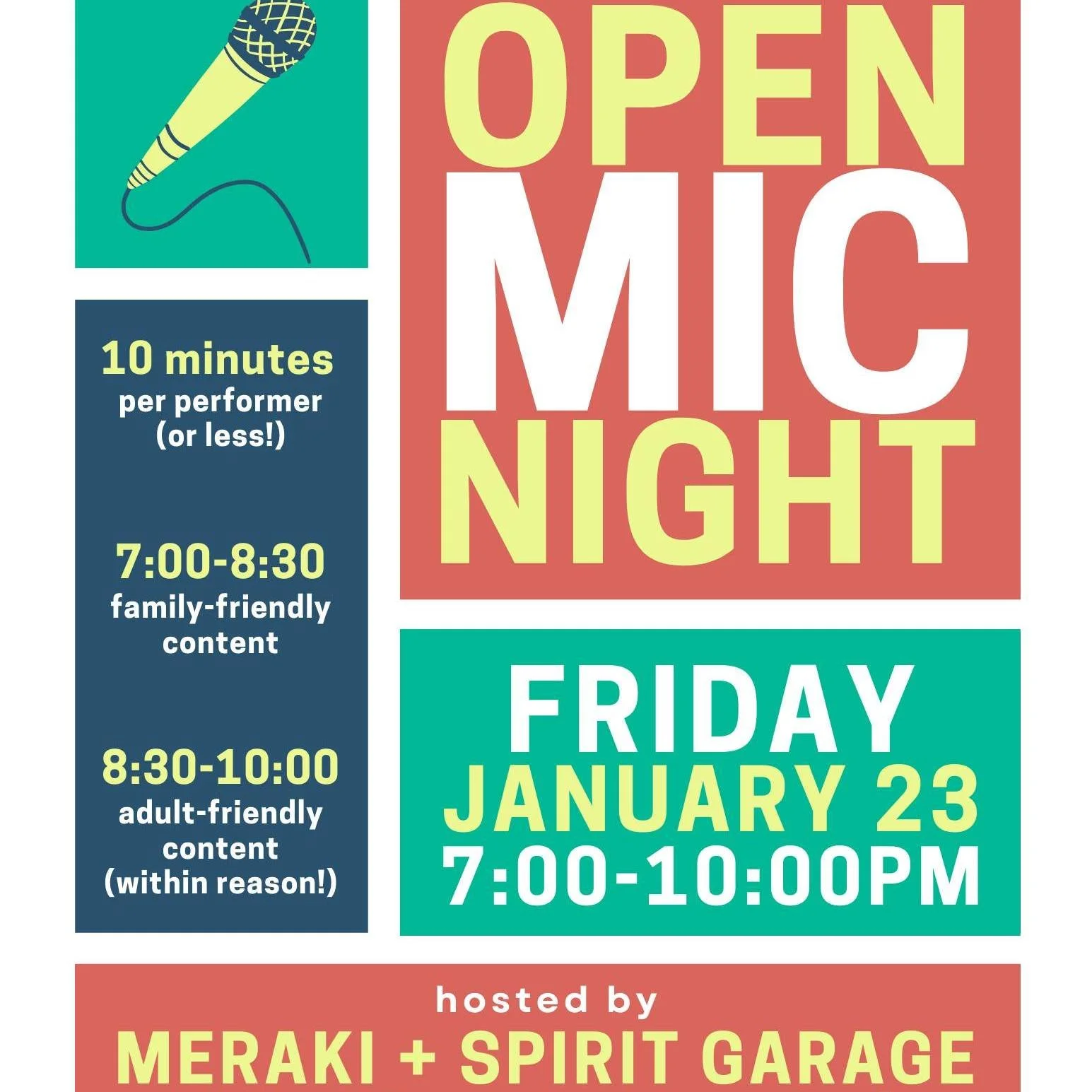 Open Mic Night with Meraki is next Friday, January 23
7-10 pm at 100 W. 46th Street

Lean in and get to know your neighbors. This is the way forward.

#openmicnight #spiritgarage #knowyourneighbors