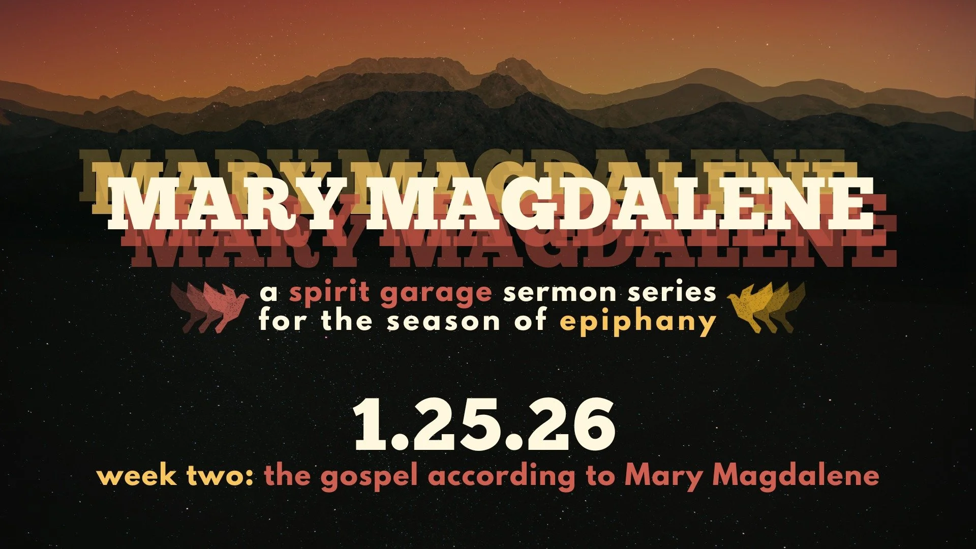 Week 2 of our Epiphany series about Mary Magdalene
"The Gospel According to Mary Magdalene"
Sunday, January 25, 2026
10:30 am at Meraki Building 
(100 W. 46th St., Minneapolis, MN 55419)

#spiritgarageworship #marymagdalene #Epiphany2026