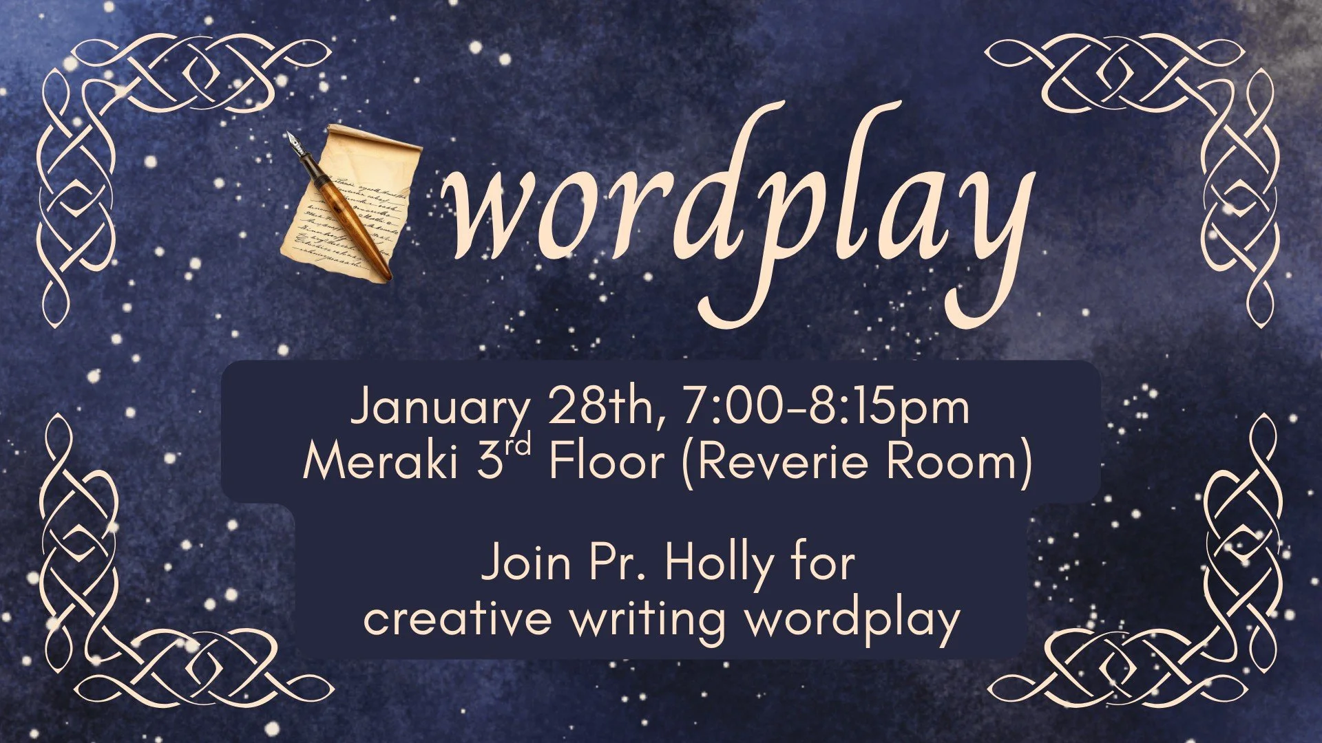 WordPlay is tonight
7-8:15 pm

3rd floor at the Meraki Building

#creativewriting #spiritgararge