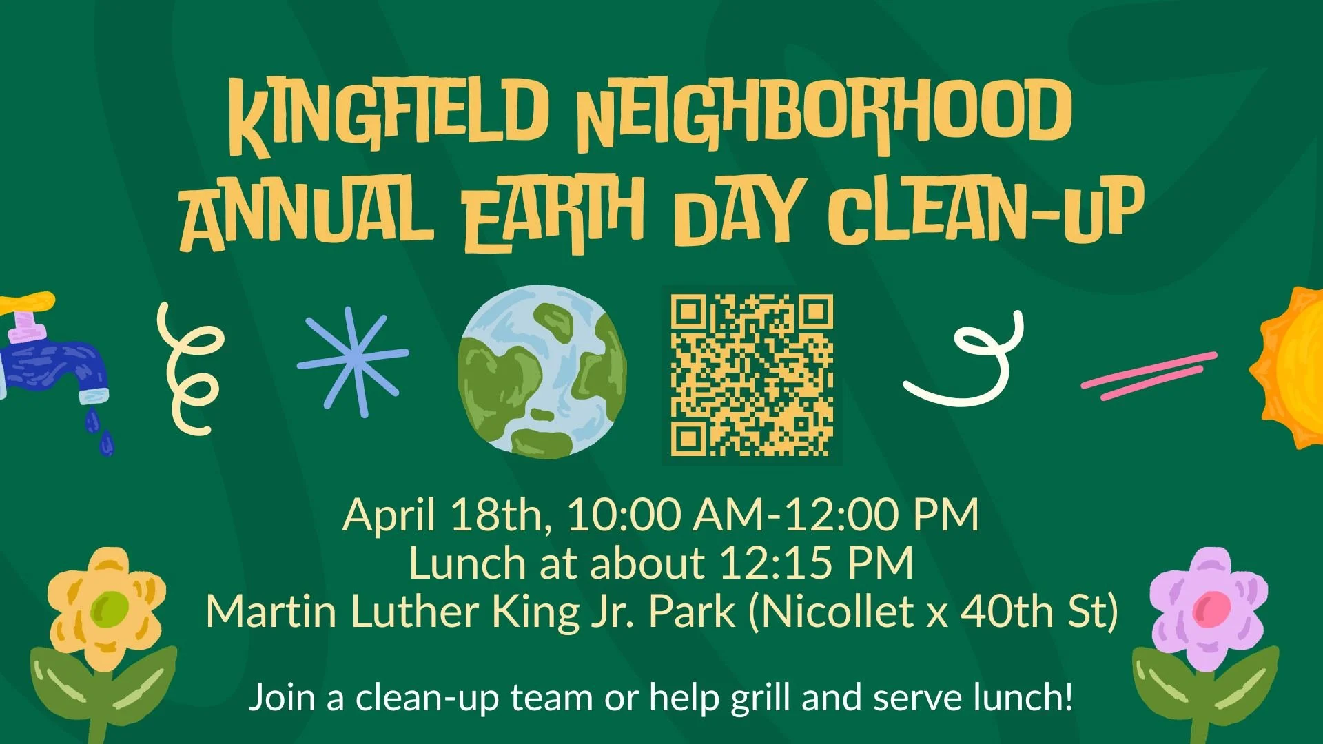 It's coming! 
Kingfield Neighborhood Earth Day Clean-Up
Saturday, April 18, 10am-12pm

Sign-up to help grill and serve lunch
Help clean up the neighborhood

 #kingfield #EarthDay #spiritgarage #neighboring