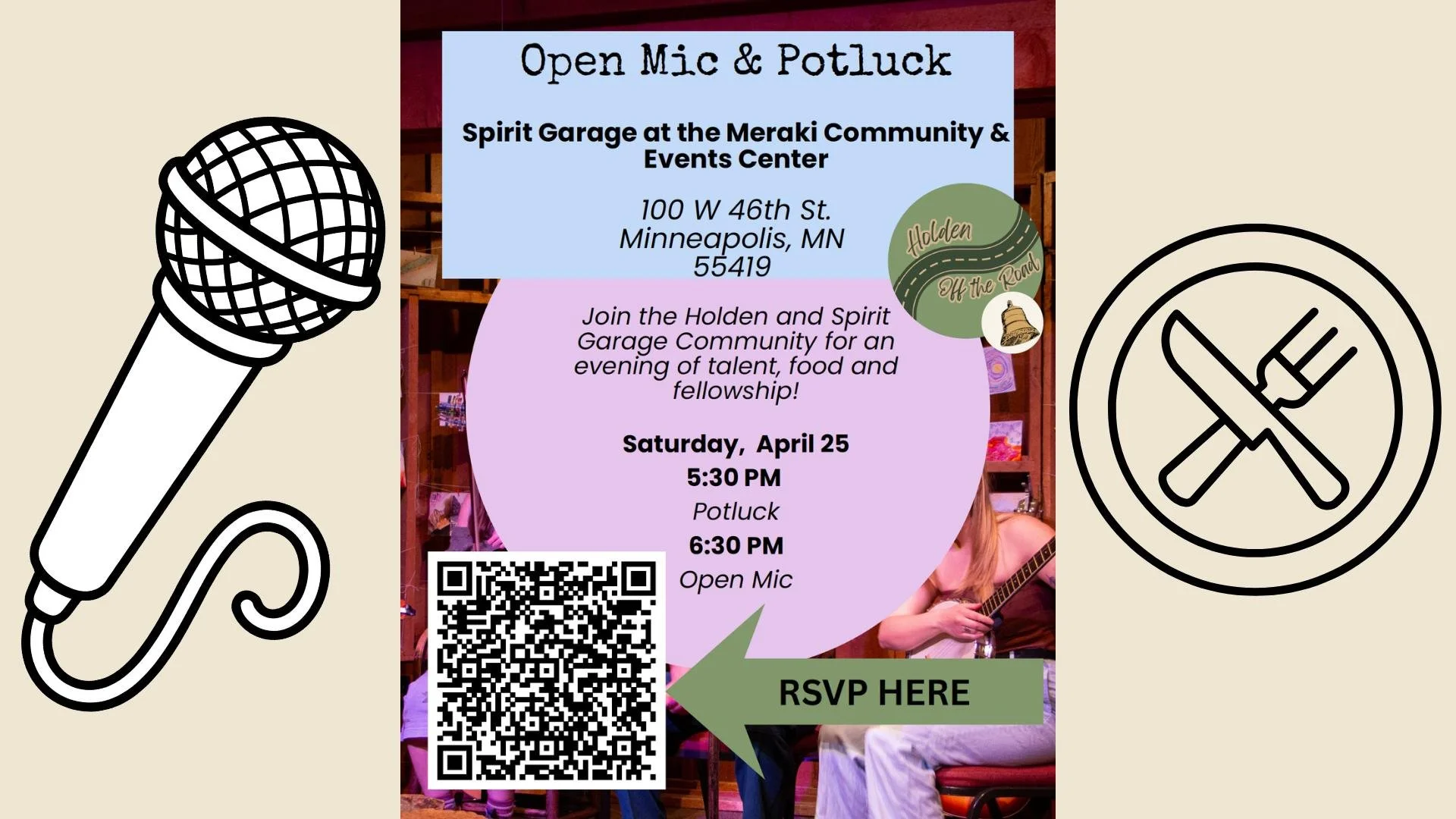 Put on your calendar! Invite a friend!
Holden Village &amp; Spirit Garage Potluck Dinner &amp; Open Mic

Saturday, April 25
5:30 pm Potluck, 6:30 pm Open Mic

See you there!

#spiritgarage #holdenvillage #openmic #findyourpeople