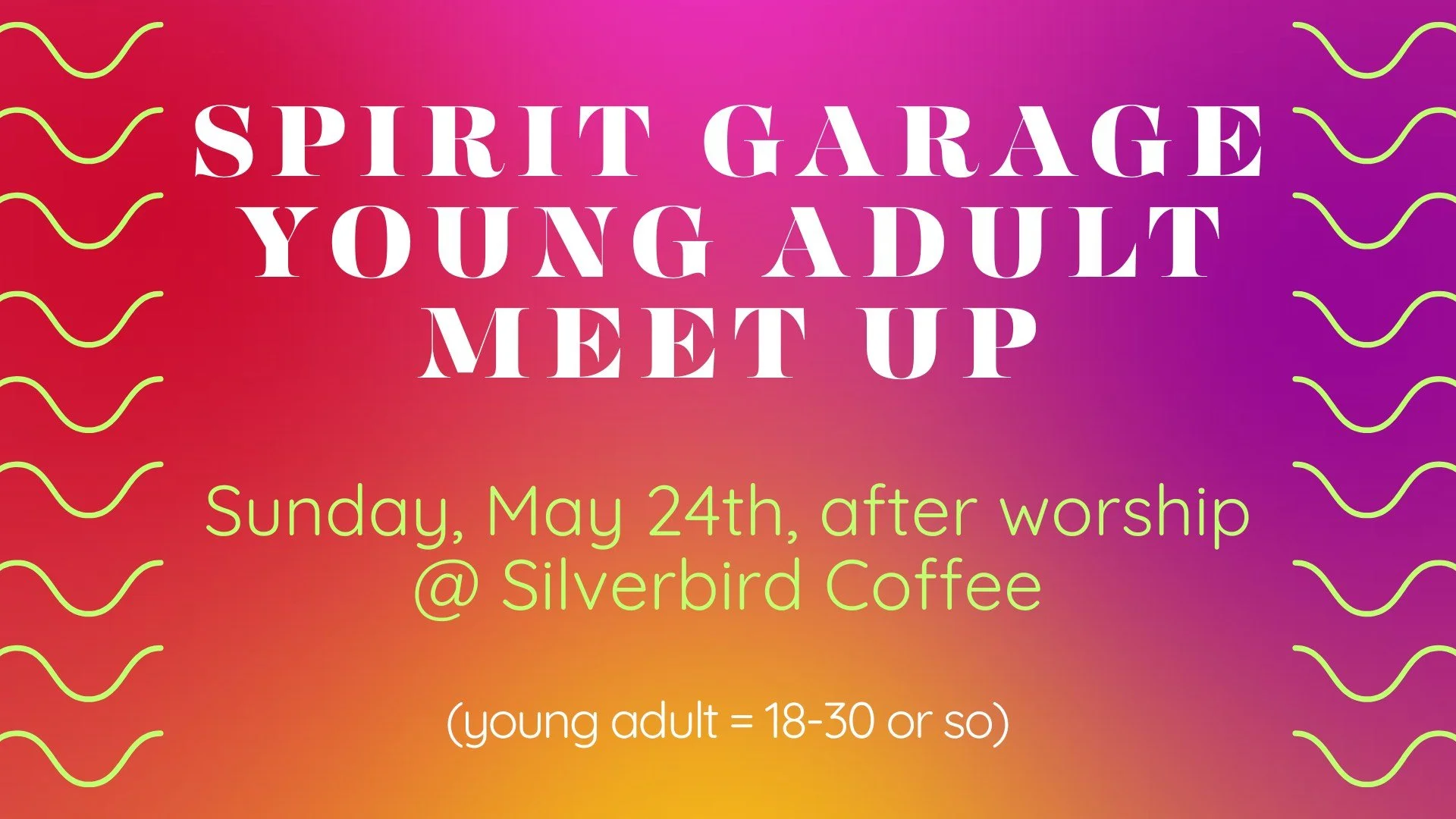SG young adults (18-30ish) meet up at Silverbird Coffee after worship tomorrow! 
Enjoy delicious coffee and brunch and keep those after-worship conversations going. 

#spiritgarage #silverbirdcoffee #Easter2026 #brunch