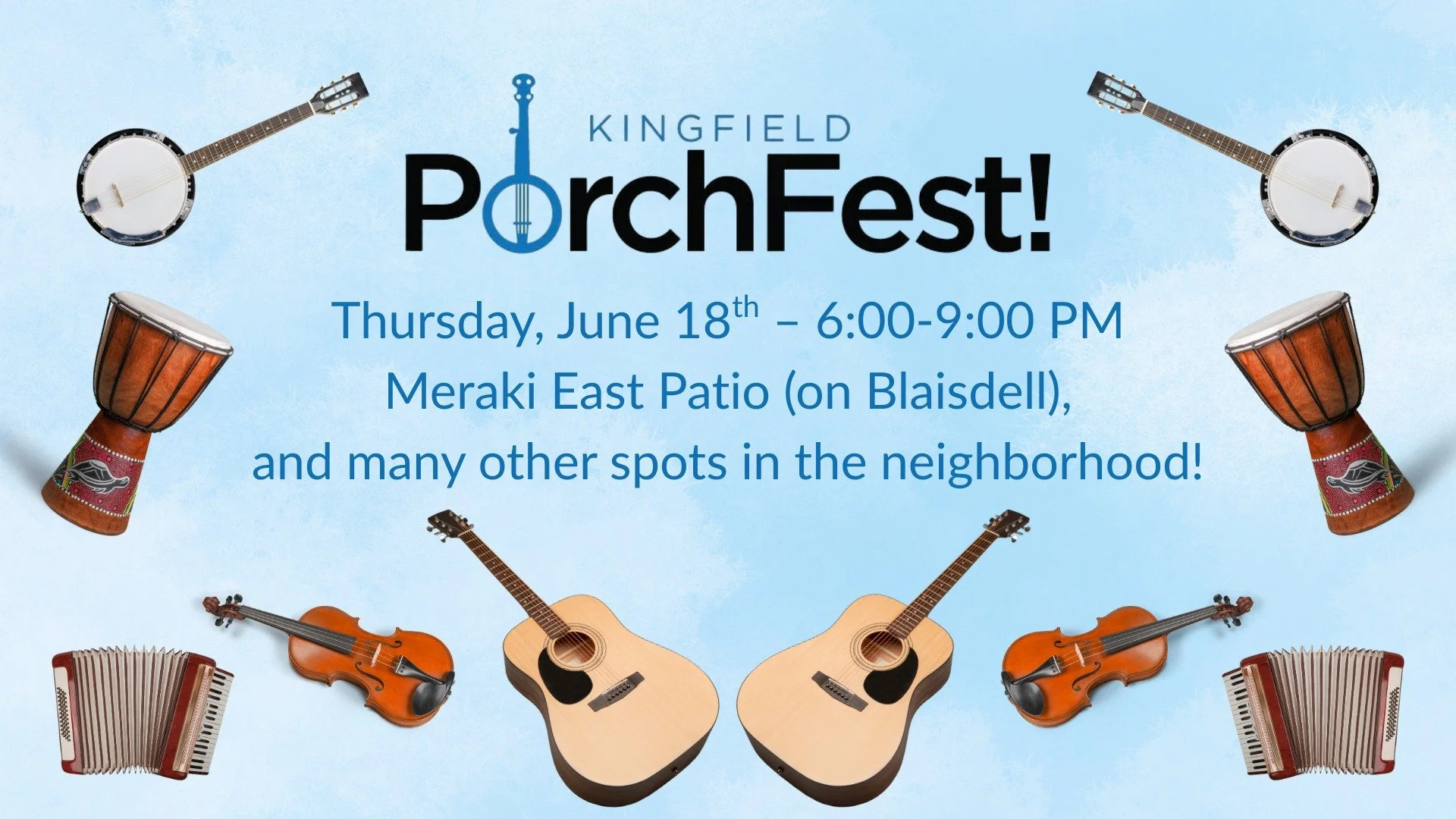 PorchFest is next Thursday (6/18), 6-9 pm
Music all over the neighborhood
Food Trucks

Put it on your calendar and be a good neighbor!

#kingfieldmpls  #porchfest #spiritgarage #meraki