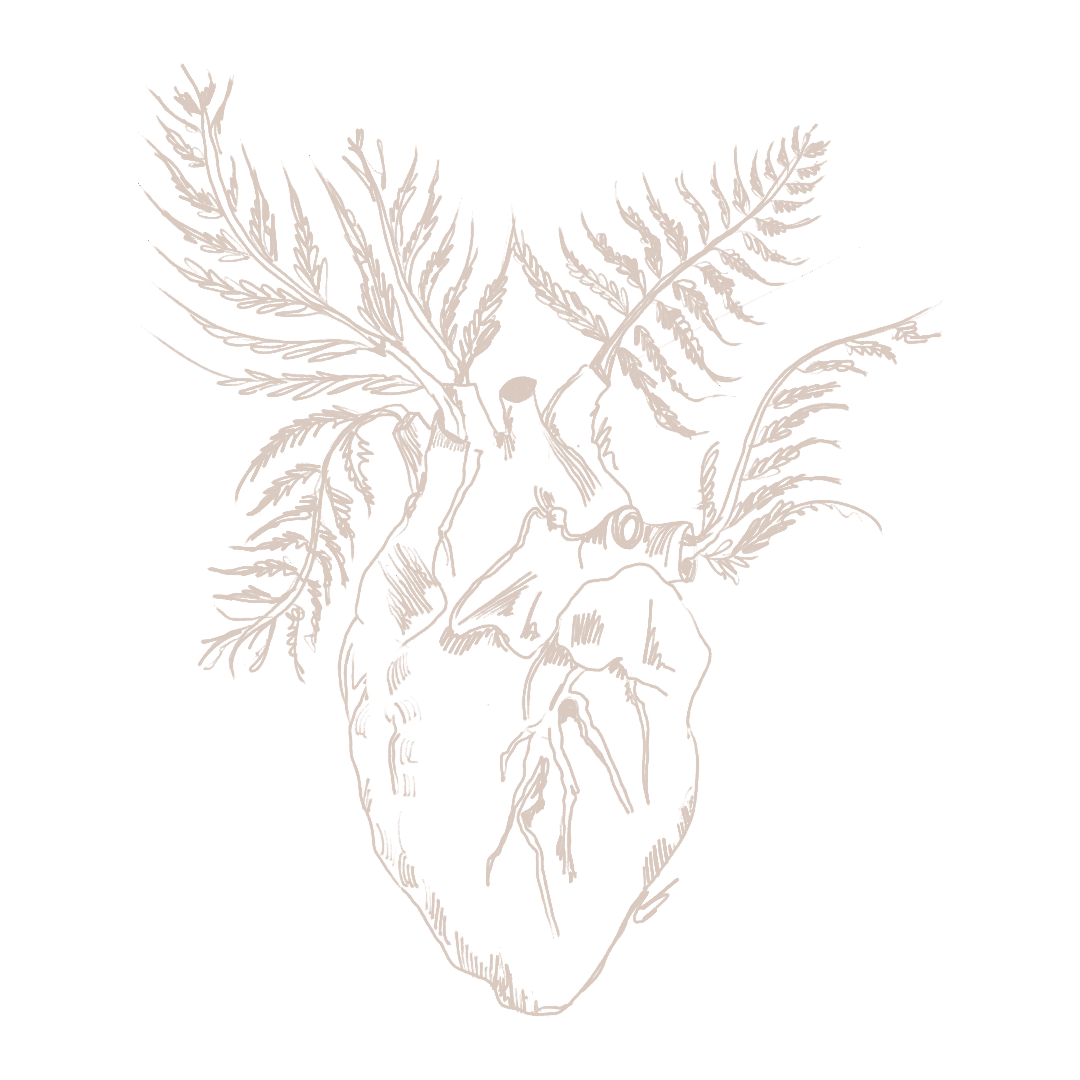 Black background with an illustration of a human heart combined with leafy fern branches extending from the top, creating a surreal, nature-inspired design.