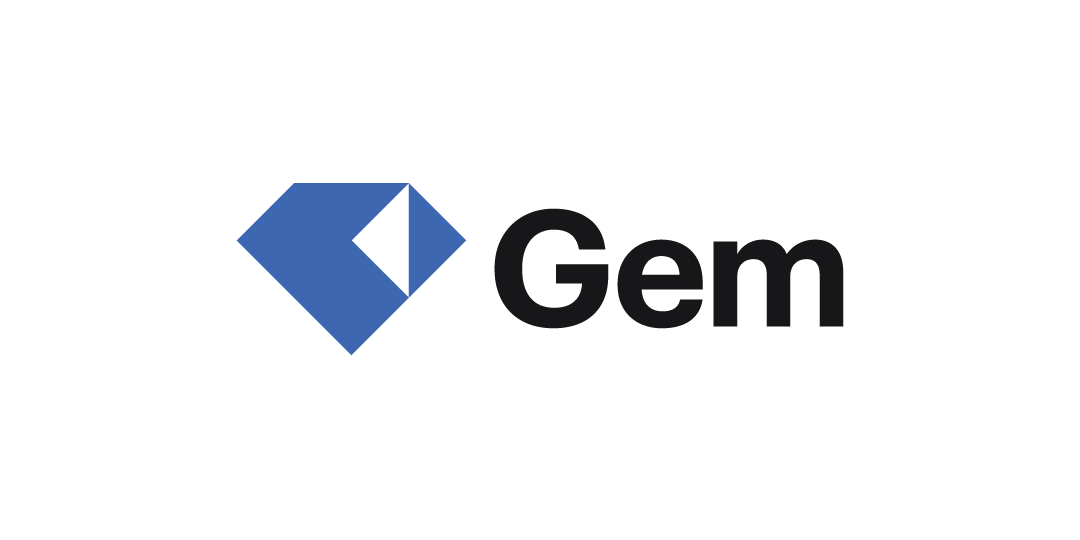 The logo of the Gem digital currency, featuring a blue diamond shape and the word 'Gem' in black text.