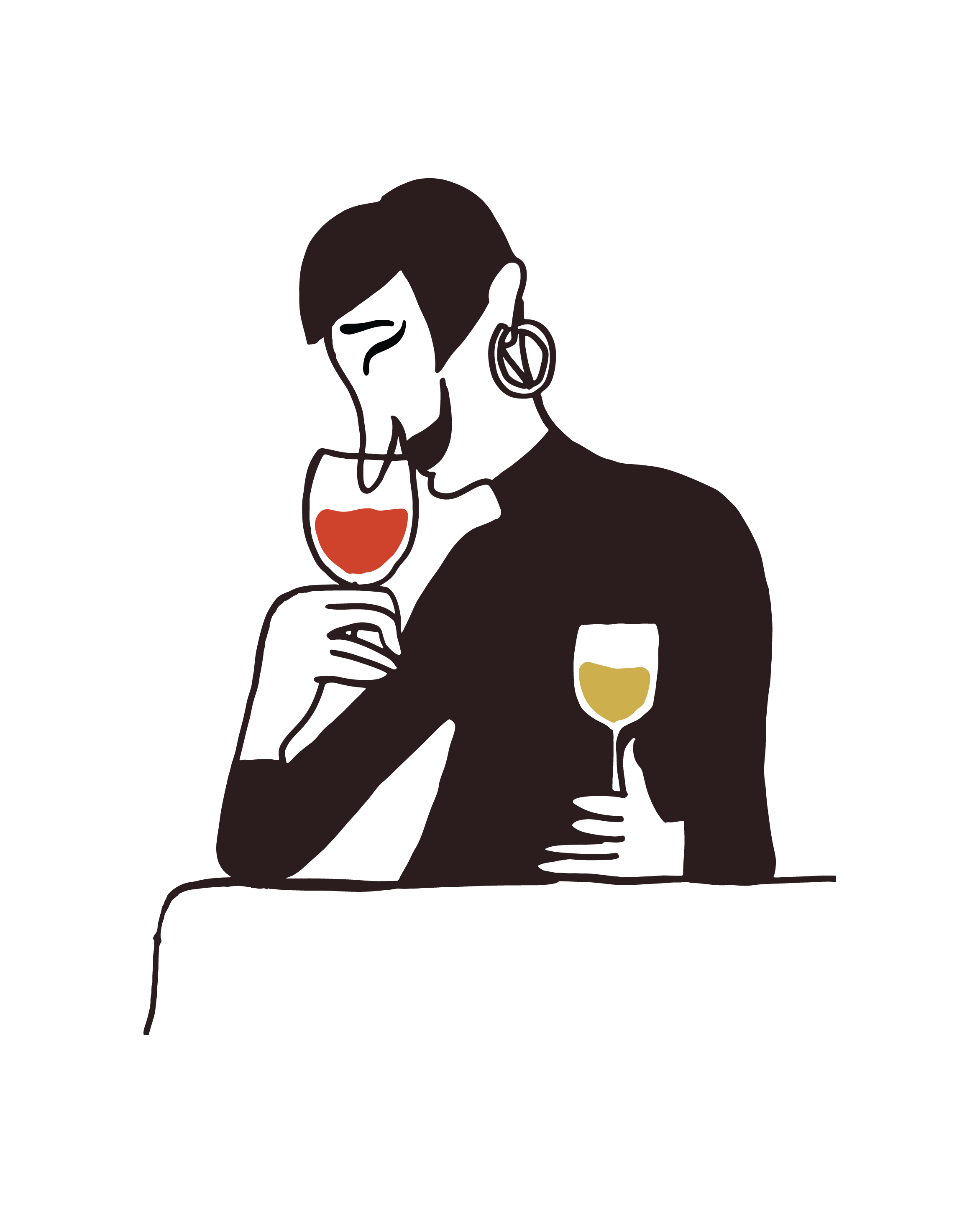 Illustrasjon av en person med kort hår, store øreringer, som nyter et glass med rødt og hvitt vin, smilende.