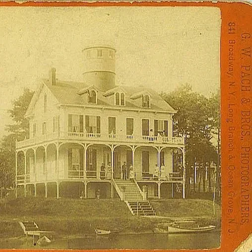 128 Lake Ave (circa 1880s) Rogers Cottage, built in 1880 by engineer Ethan Rogers on Lake Avenue, featured a distinctive revolving observatory tower with a telescope, offering expansive views of Wesley Lake, the Atlantic, and surrounding New Jersey h