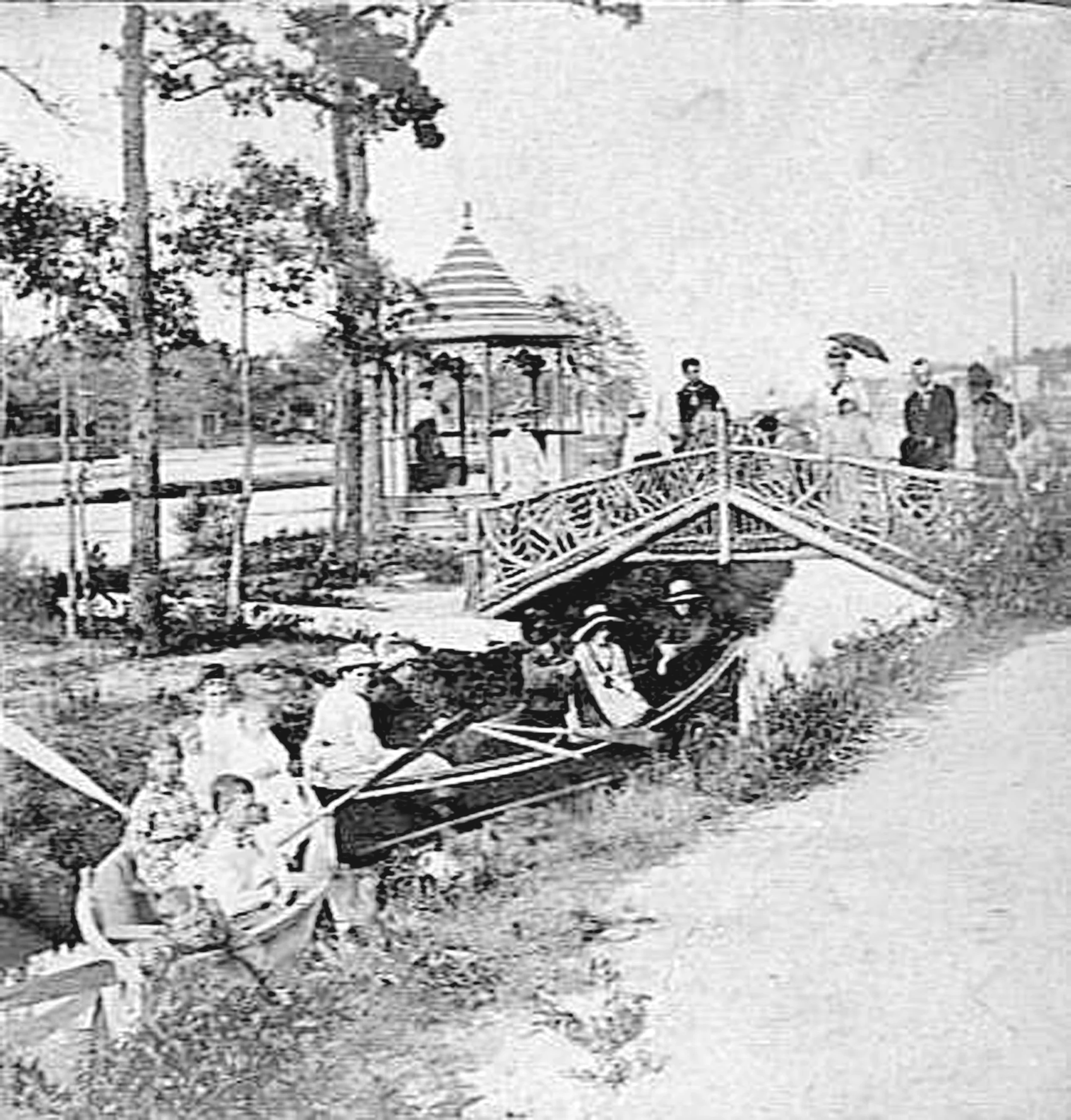 "Fairy Island", a small and frequently photographed feature at the head of Wesley Lake, was reached by a rustic wooden bridge with a gazebo and served as a quiet destination especially for "moonlit lovers" until it was removed in 1929 to improve wate