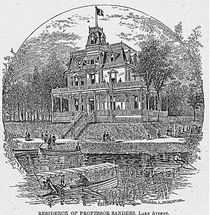 126 Lake Avenue: Sanders Cottage, built in 1877 on multiple lots along Wesley Lake Terrace, was a grand French Second Empire–style residence featuring a Mansard roof, tower, slate coverings, a wraparound porch, and modern amenities such as a gas gene