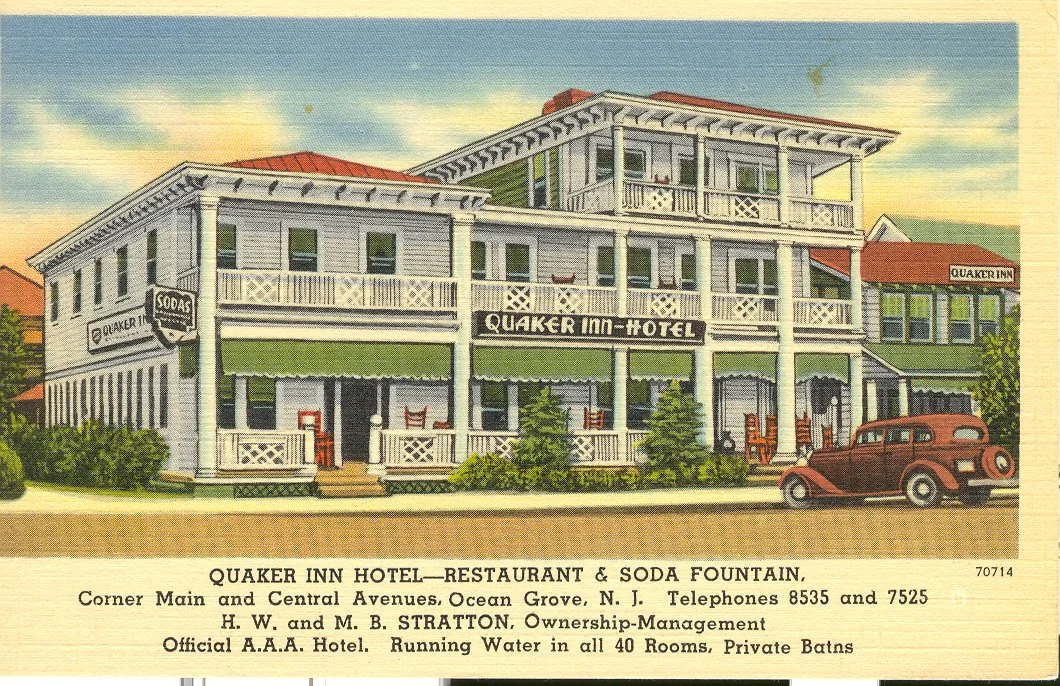 The Quaker Inn (39 Main Ave). The Quaker Inn, originally built as Bower Cottage in 1873 by Ruth Bower of Trenton, evolved through numerous expansions, managers, and names over nearly 150 years, including the Bower House, Waterbury, Ocean Grove Hotel,