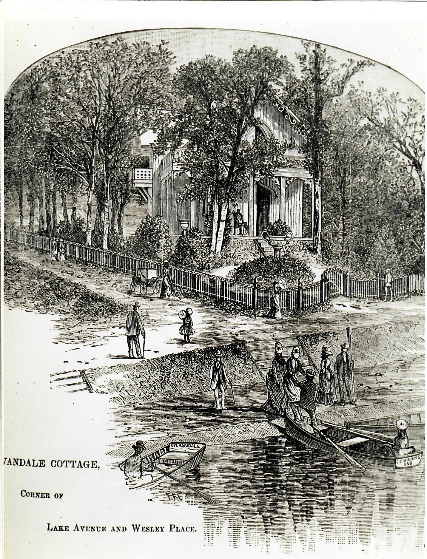 Sylvandale Cottage: Wesley Place & Lake Ave. Home of Dr. Elwood Stokes built in the 1870. In a newspaper from the 1880 it was described as "always a choice spot, is now.. decidedly the prettiest home in the 'twin cities.' On the evening referred to, 