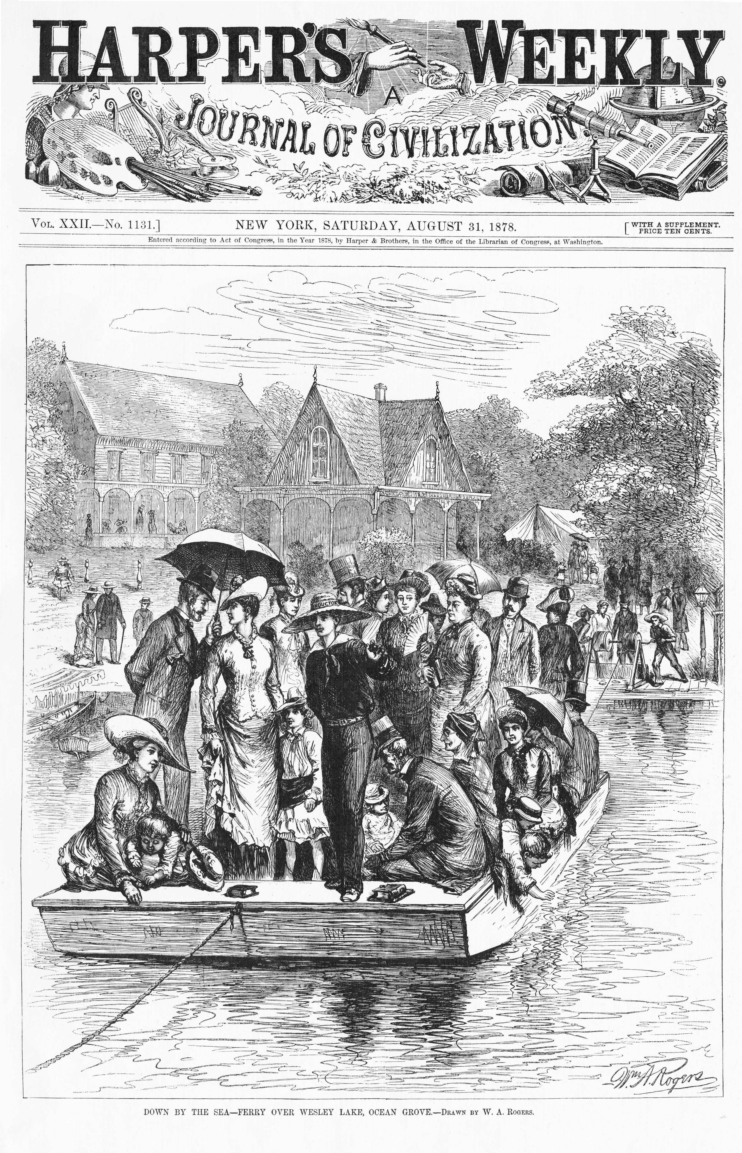 Crossing Wesley Lake: Harpers Weekly (1878)  A Wesley Lake ferry was a flat rectangular barge that was pulled across with a rope. A young man wearing a large hat emblazoned with “conductor” apparently supervised the operation. Other men and boys are 