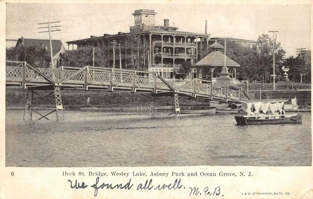 Heck Street Bridge (1906) On March 6th 1889, it was reported: "The beautiful iron bridges over Wesley Lake will prove a 'surprise ' to thousands of regular patrons of the Twin Cities when they return for their annual outing in tents, boarding houses 