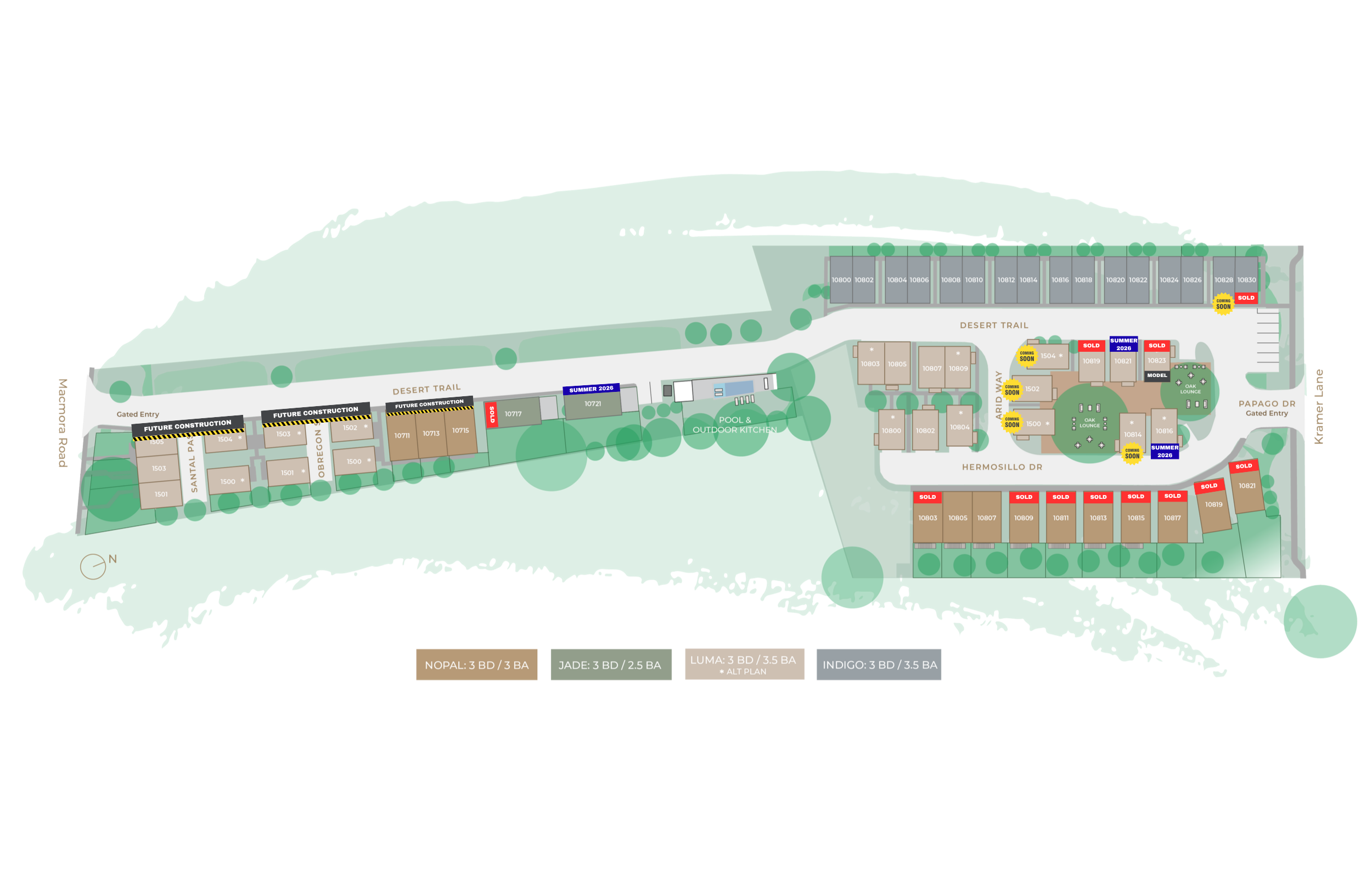 A site plan for a residential community showing lot layouts, roads, and amenities like a pool and outdoor kitchen. Several lots are marked as sold or upcoming, with green spaces and trees throughout.