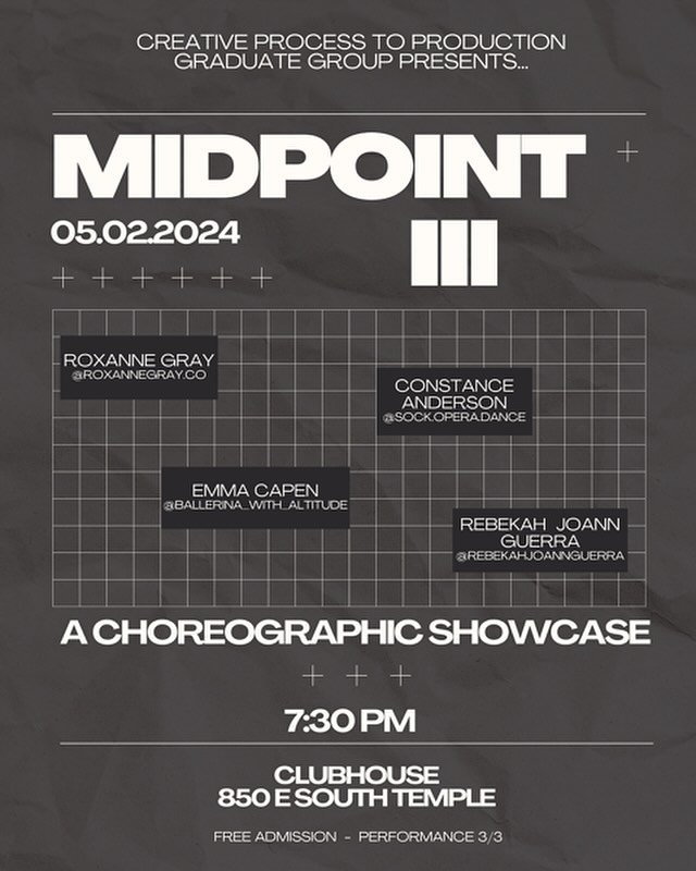 This weekend! Attend Midpoint III, the third concert in the graduate performance series. Featuring works by MFA candidates Roxanne Gray, Emma Capen, Constance Anderson, and Rebekah Joann Guerra! Thursday, May 2 at 7:30pm at Clubhouse (850 E South Tem