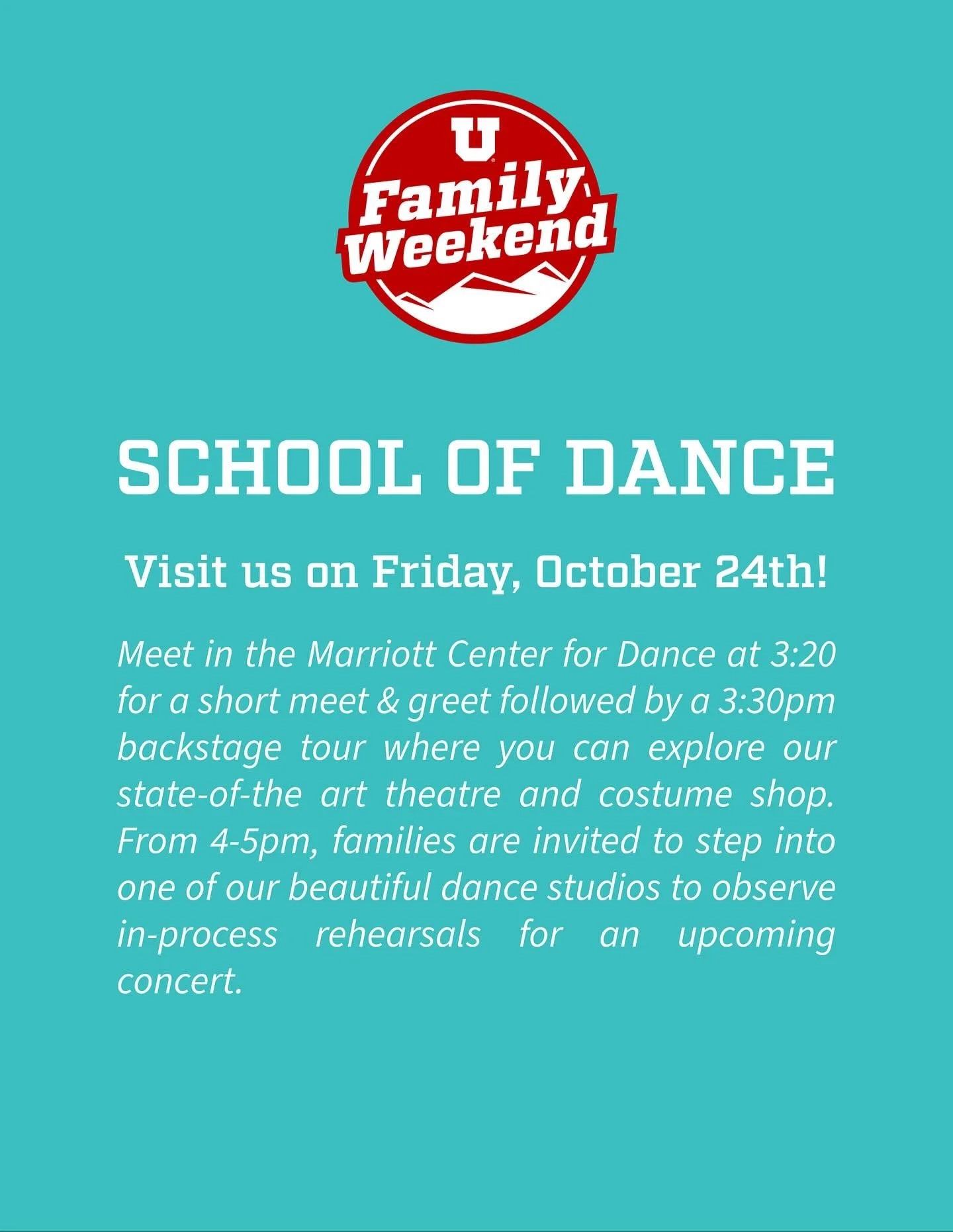 Join us for @universityofutah&rsquo;s&nbsp;U Family Weekend on Friday, October 24th from 3-5pm.
&nbsp;
🩰 School of Dance&nbsp;(@uofudance)
Meet in the Marriott Center for Dance at 3:20&nbsp;for a short meet &amp; greet followed by a&nbsp;3:30pm back
