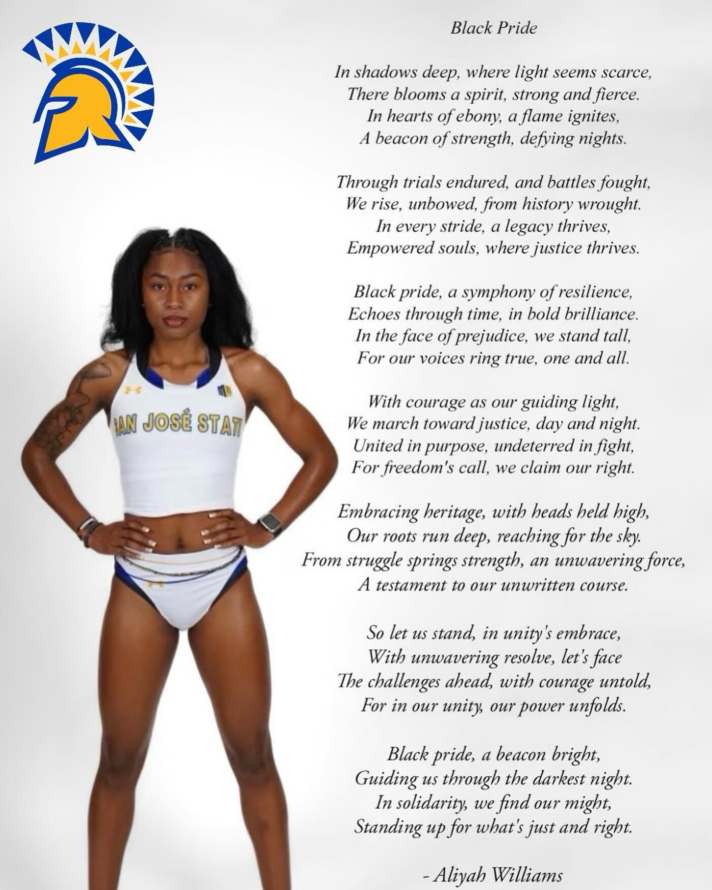 Celebrating 2024 Black History Month! 

Highlighting one of our SAAC reps Aliyah Williams and her poem on Black History Month! ✨

#AllSpartans | #sjsusaac | #blackhistorymonth