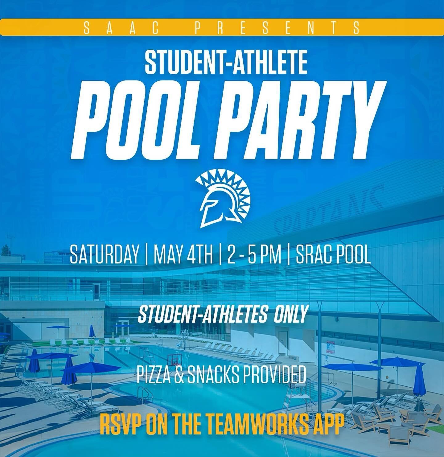 The Annual Student-Athlete Pool Party is finally here! 
RSVP on the Teamworks App so you don&rsquo;t miss out on this fun day! ☀️

📆 May 4th 
⏰ 2:00pm-5:00pm
📍SRAC POOL 

#AllSpartans | #sjsusaac
