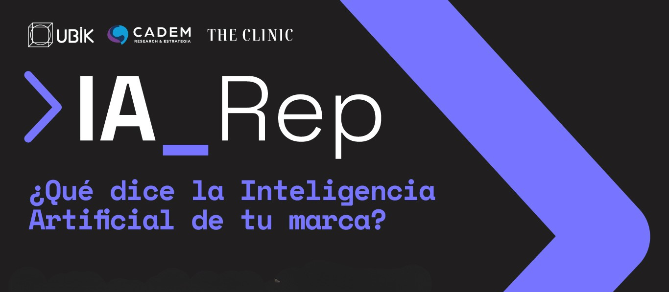 Mensaje de una conferencia o evento sobre inteligencia artificial de marcas, con logotipos de UBIX, CADEM y The Clinic.