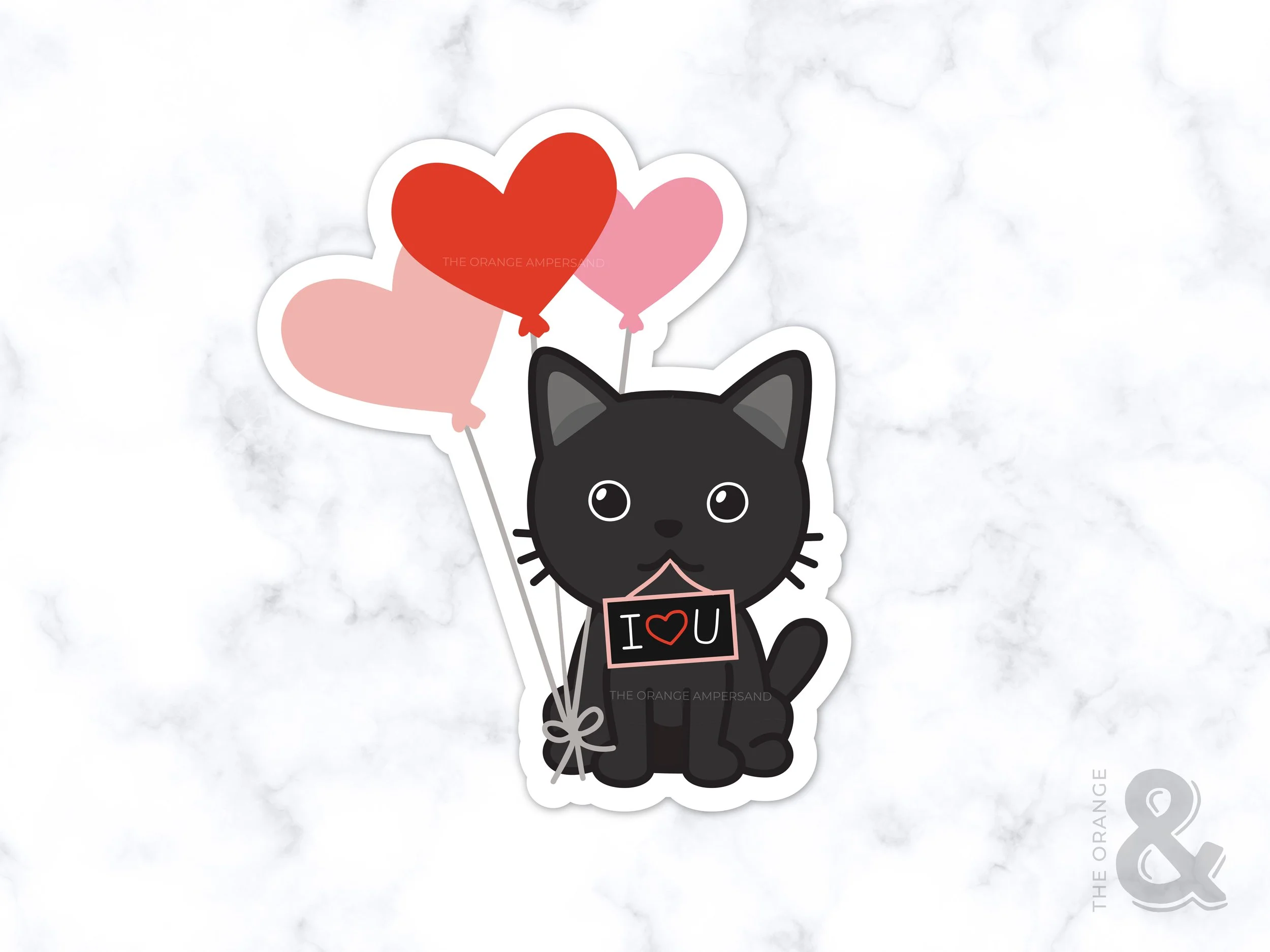 'I Love You' Black Cat With Heart Balloons Sticker