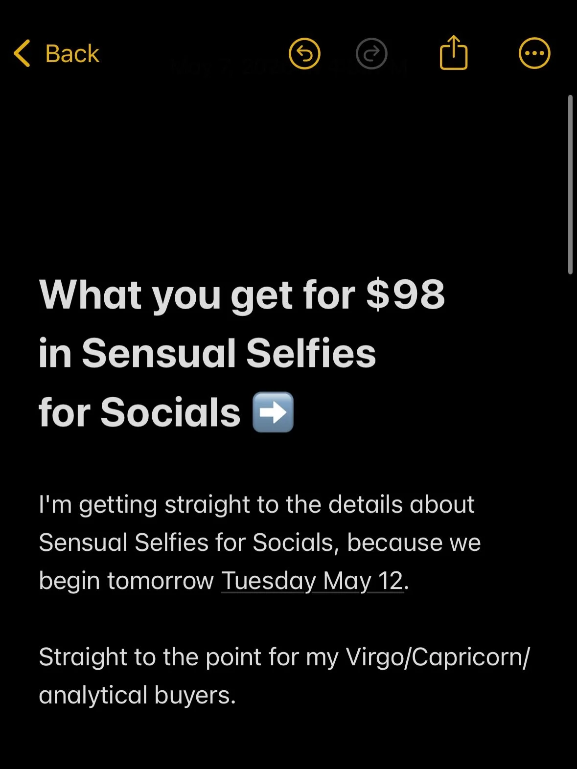 I&rsquo;m getting straight to the details about Sensual Selfies for Socials, because we begin tomorrow Tuesday May 12.

Straight to the point for my Virgo/Capricorn/analytical buyers.

Got more Qs, let&rsquo;s chat in the DMs 😘