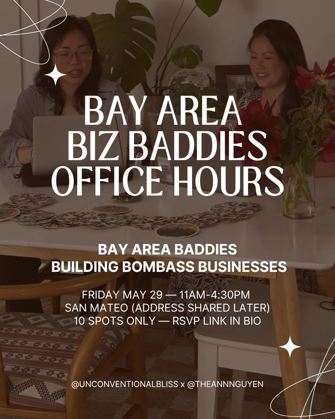 Presenting&hellip;Bay Area Biz Baddies Office Hours

An intentional collaboration between @unconventionalbliss and @theannnguyen 🔥

FREE gathering for Bay Area Baddies Building Bombass Businesses

➡️WHAT THIS IS FOR:

Biz Baddies Office Hours is an 