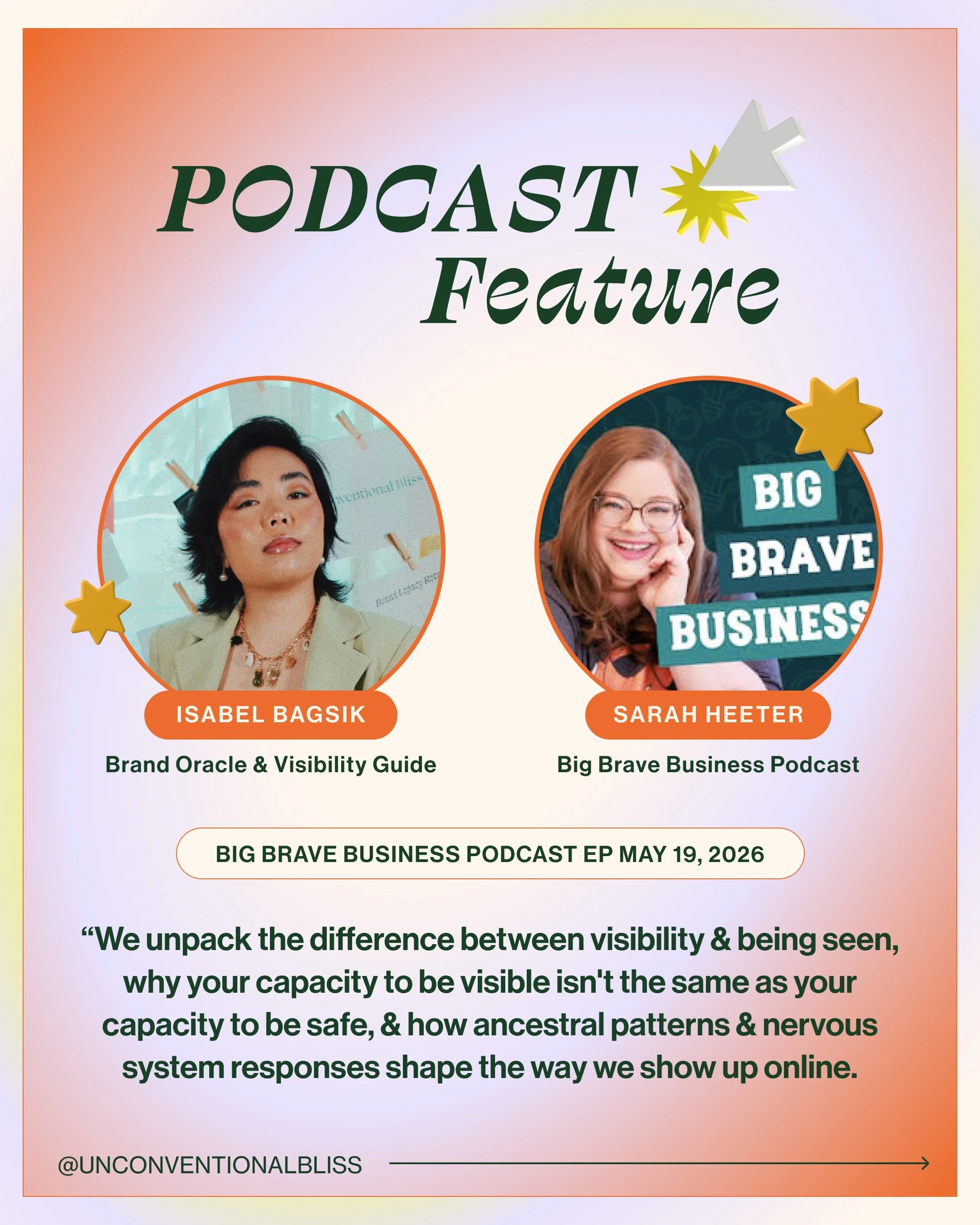 What does it actually take to feel safe being seen, and is that the same thing as being visible?

In this episode, @sarahkheeter of @bigbravebusiness Podcast and I unpack the difference between visibility and being seen, why your capacity to be visib