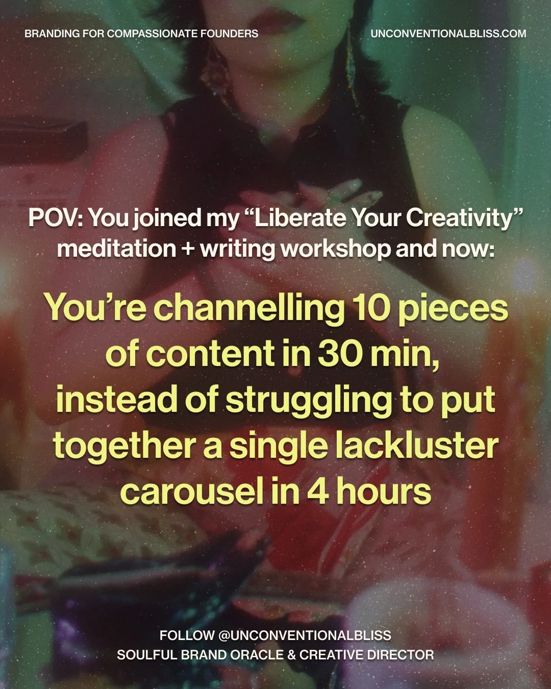 POV: You joined my &ldquo;Liberate Your Creativity&rdquo; meditation + writing workshop and now&hellip;

you&rsquo;re sharing your voice with conviction that people want to pay for, instead of hiding your culture-shifting perspectives and thus losing