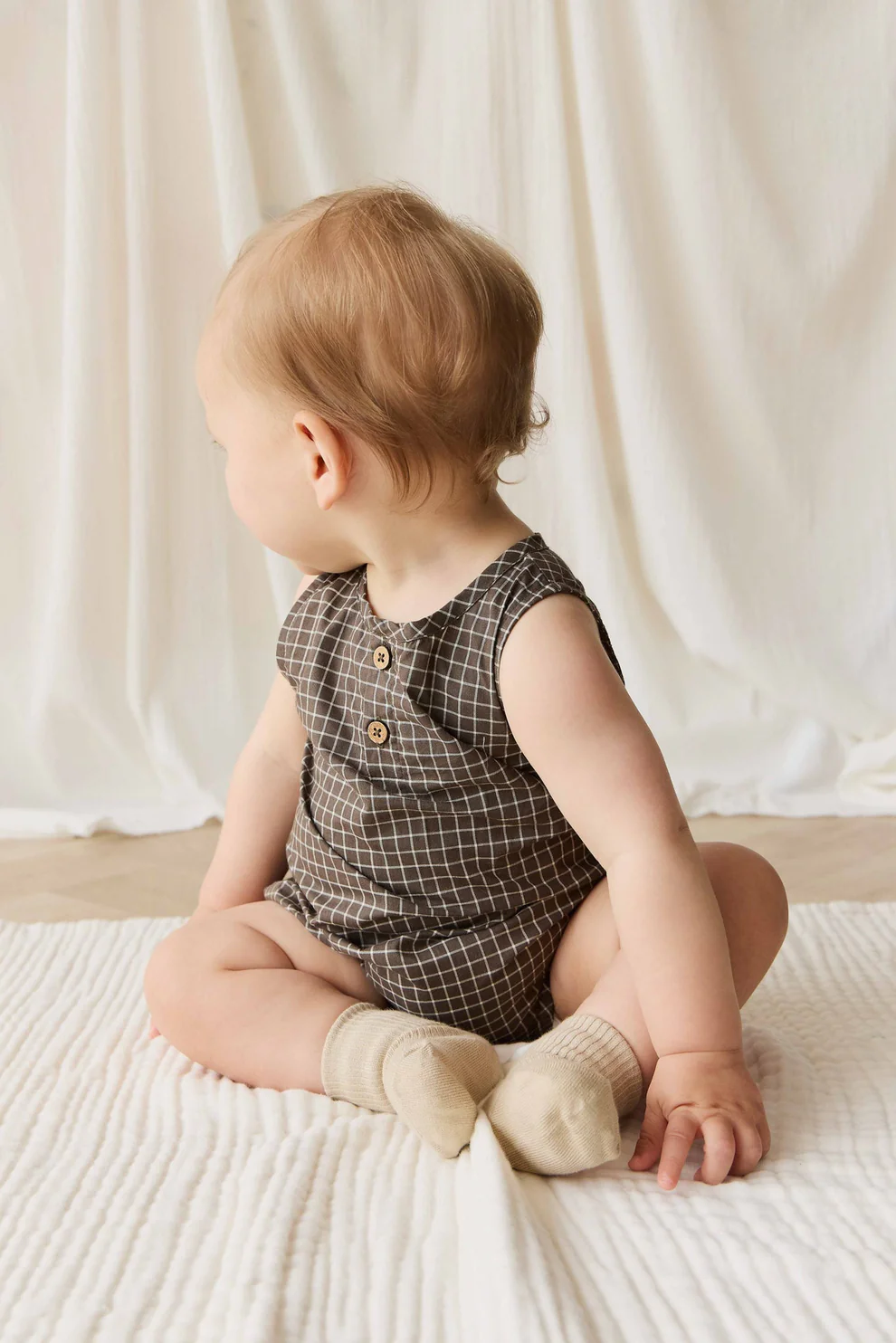 Organic Cotton Archie Playsuit - Coffee Grid4.png