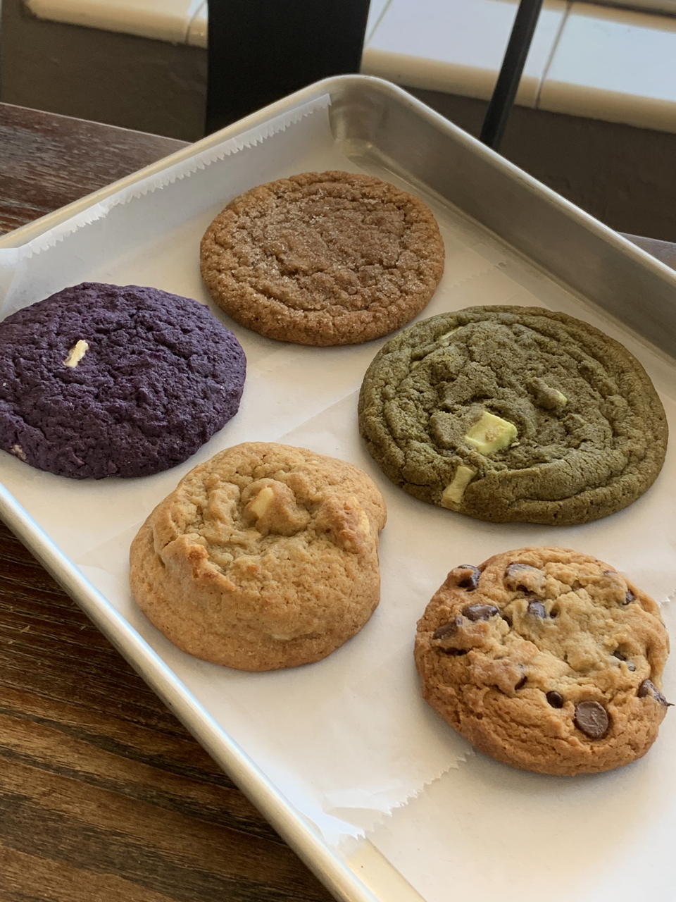 Ube, Ginger, Banana Pudding, Matcha White Chocolate, and Classic Chocolate Chip Cookies