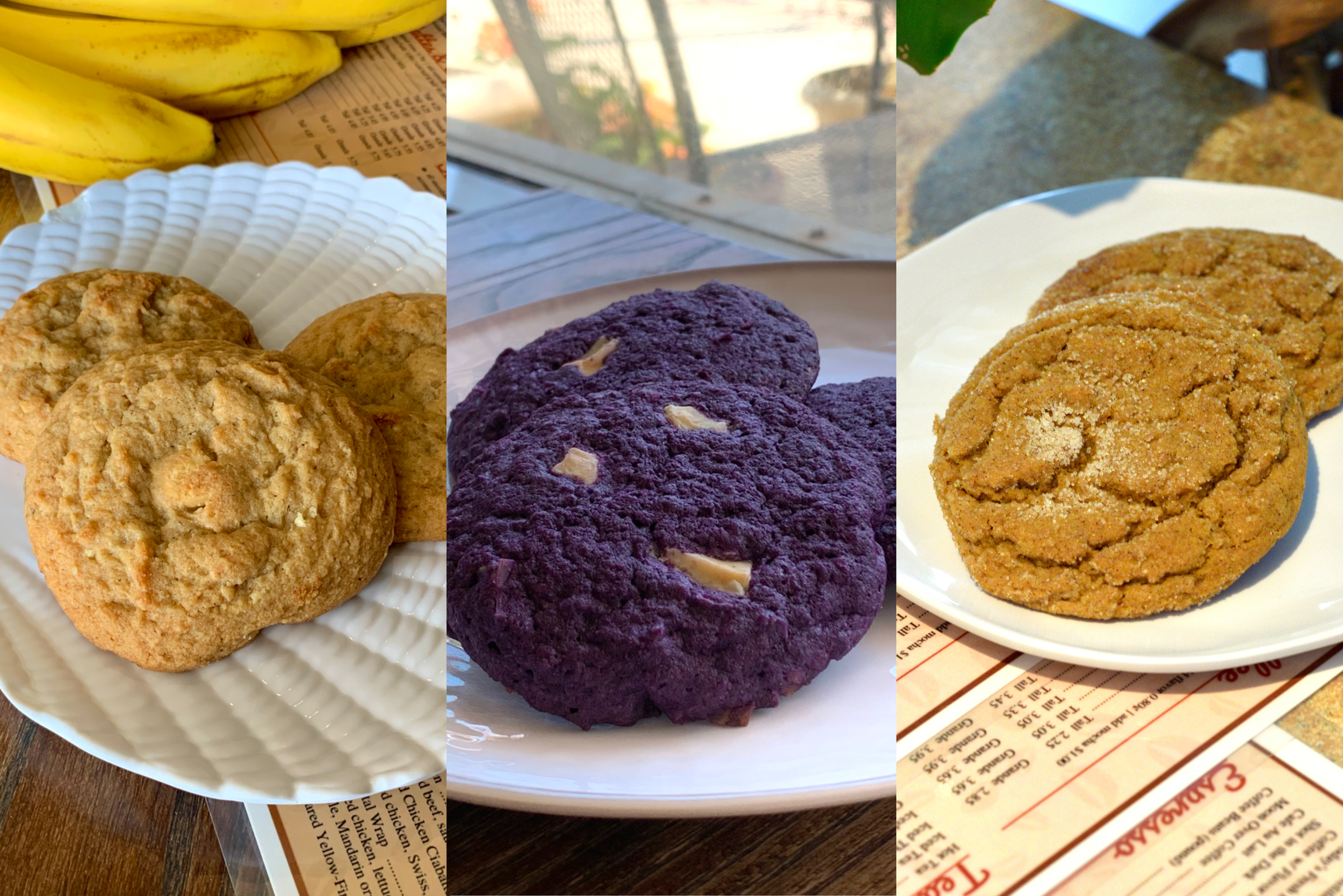 Trifold image of three new cookies; from left to right, a picture of banana pudding cookies, ube cookies, and ginger cookies