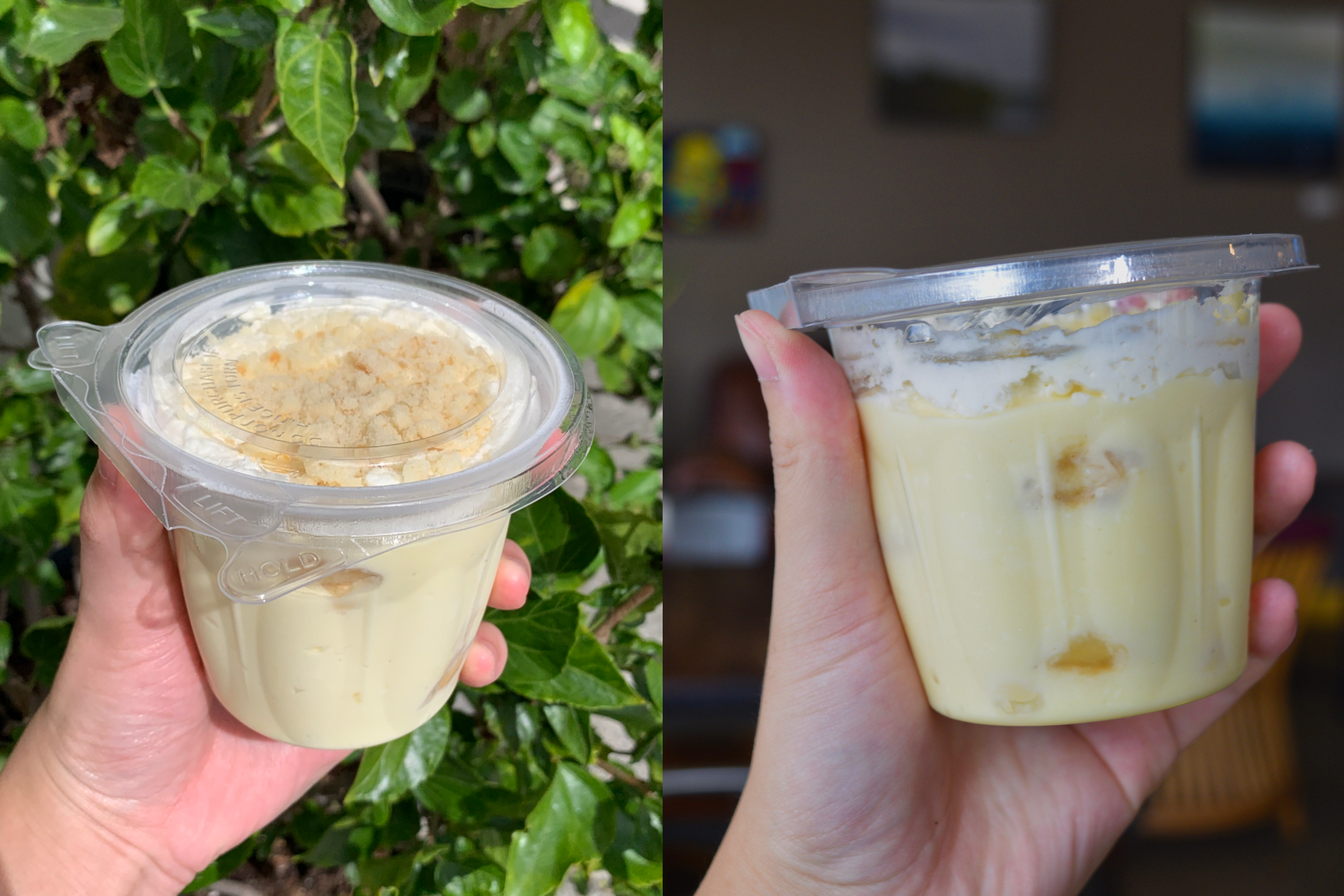 Two images of banana pudding cups; left picture has a cup in front of greenery, the right picture in front of our dining space