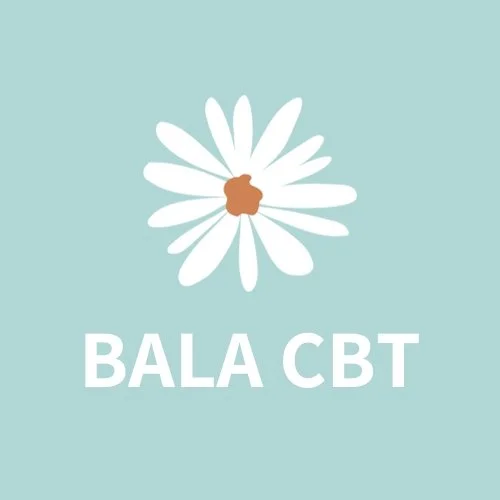 A logo with a white daisy flower on a light blue background and the text 'BALA CBT' underneath.